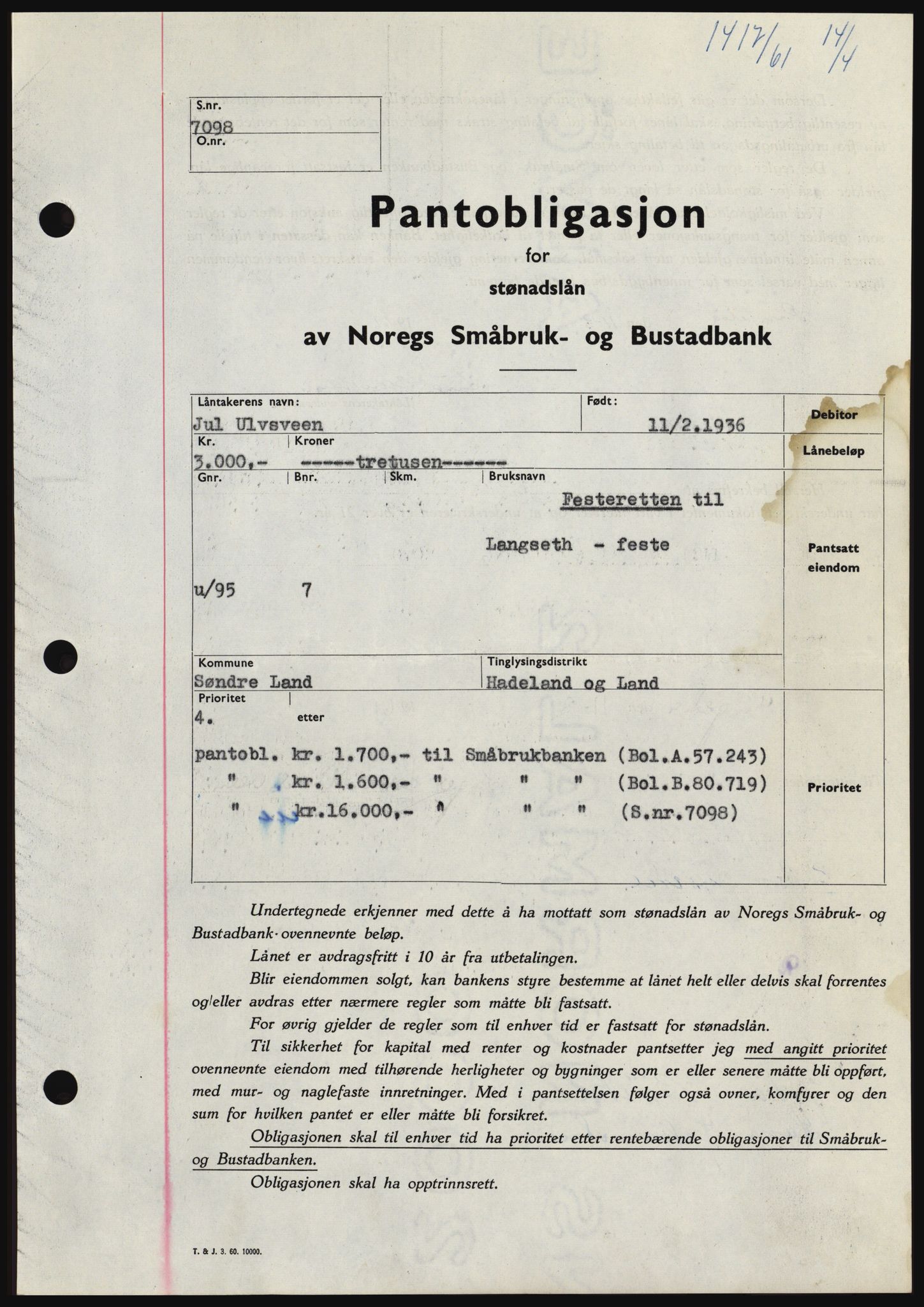 Hadeland og Land tingrett, SAH/TING-010/H/Hb/Hbc/L0045: Pantebok nr. B45, 1961-1961, Dagboknr: 1417/1961