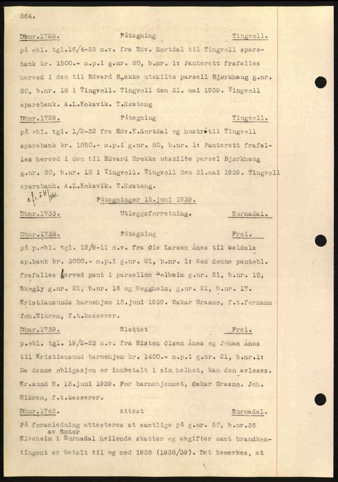 Nordmøre sorenskriveri, SAT/A-4132/1/2/2Ca: Pantebok nr. C80, 1936-1939, Dagboknr: 1728/1939