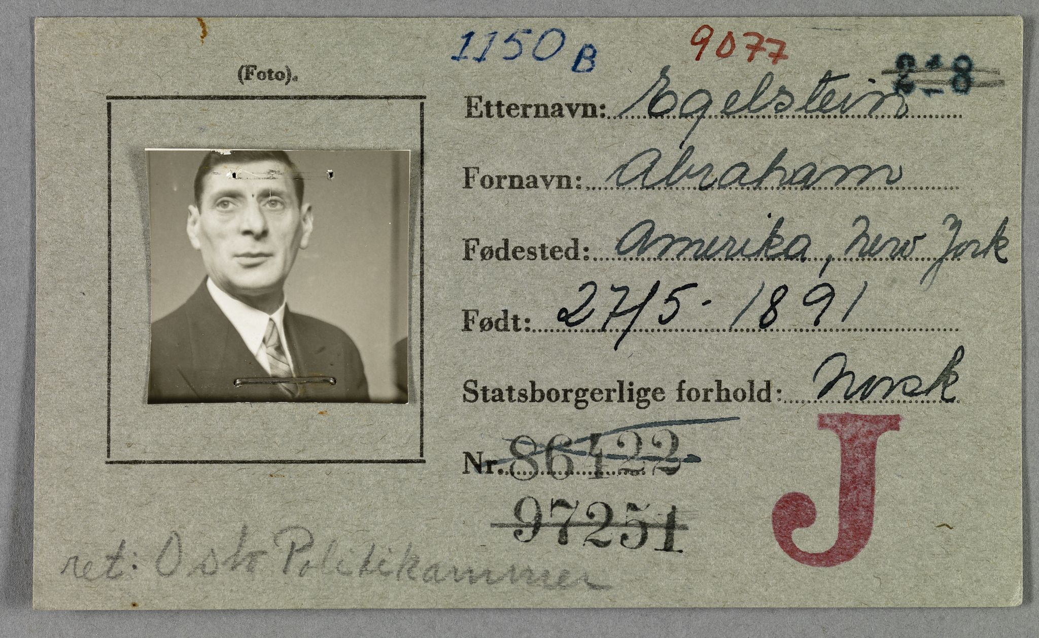 Sosialdepartementet, Våre Falne, RA/S-1708/E/Ee/L0021A: Fotografier av jøder på legitimasjonskort (1941-42), 1941-1942, s. 91