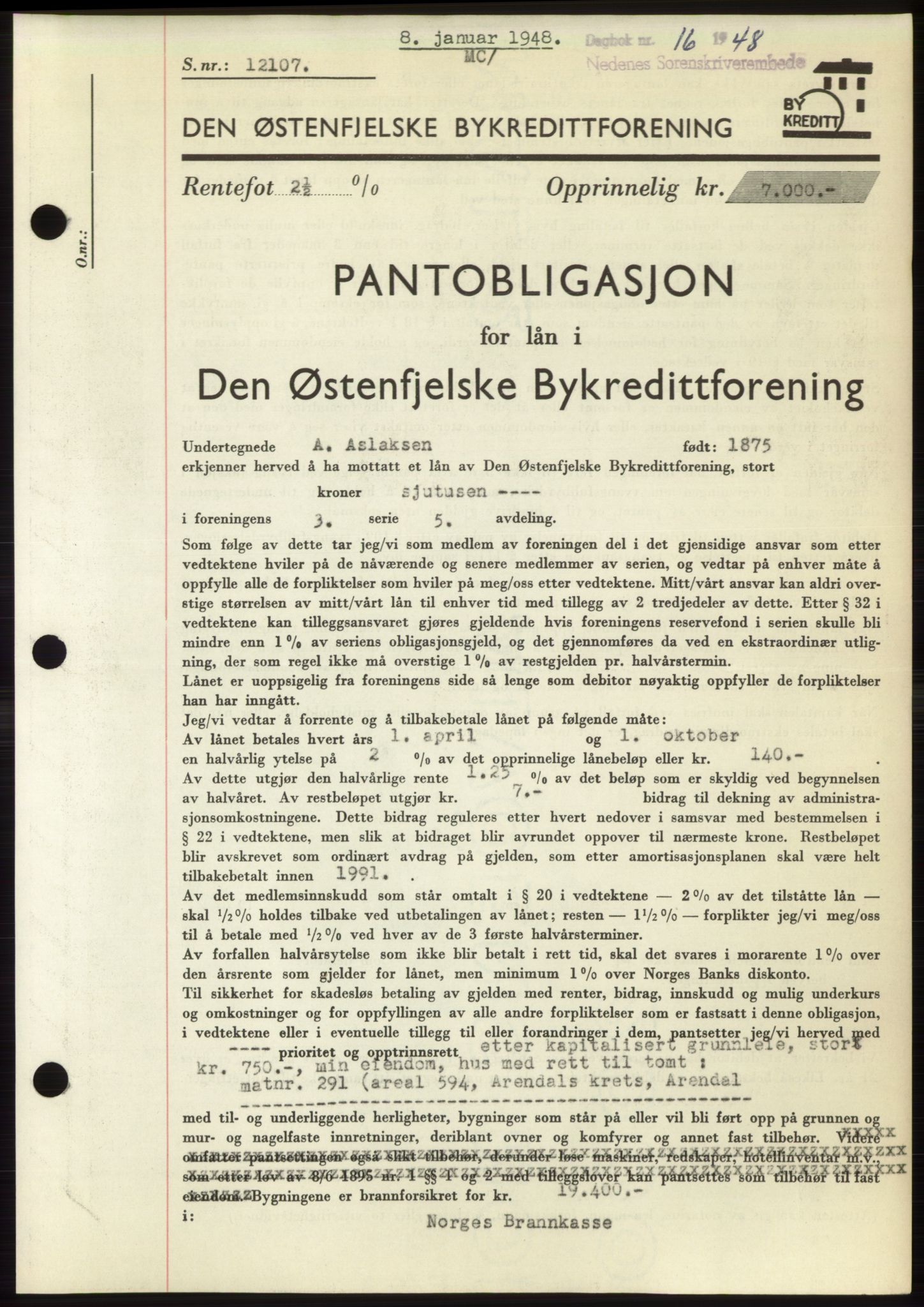 Arendal byfogd, SAK/1222-0001/G/Gb/Gbb/L0004: Pantebok nr. B3, 1947-1948, Dagboknr: 16/1948