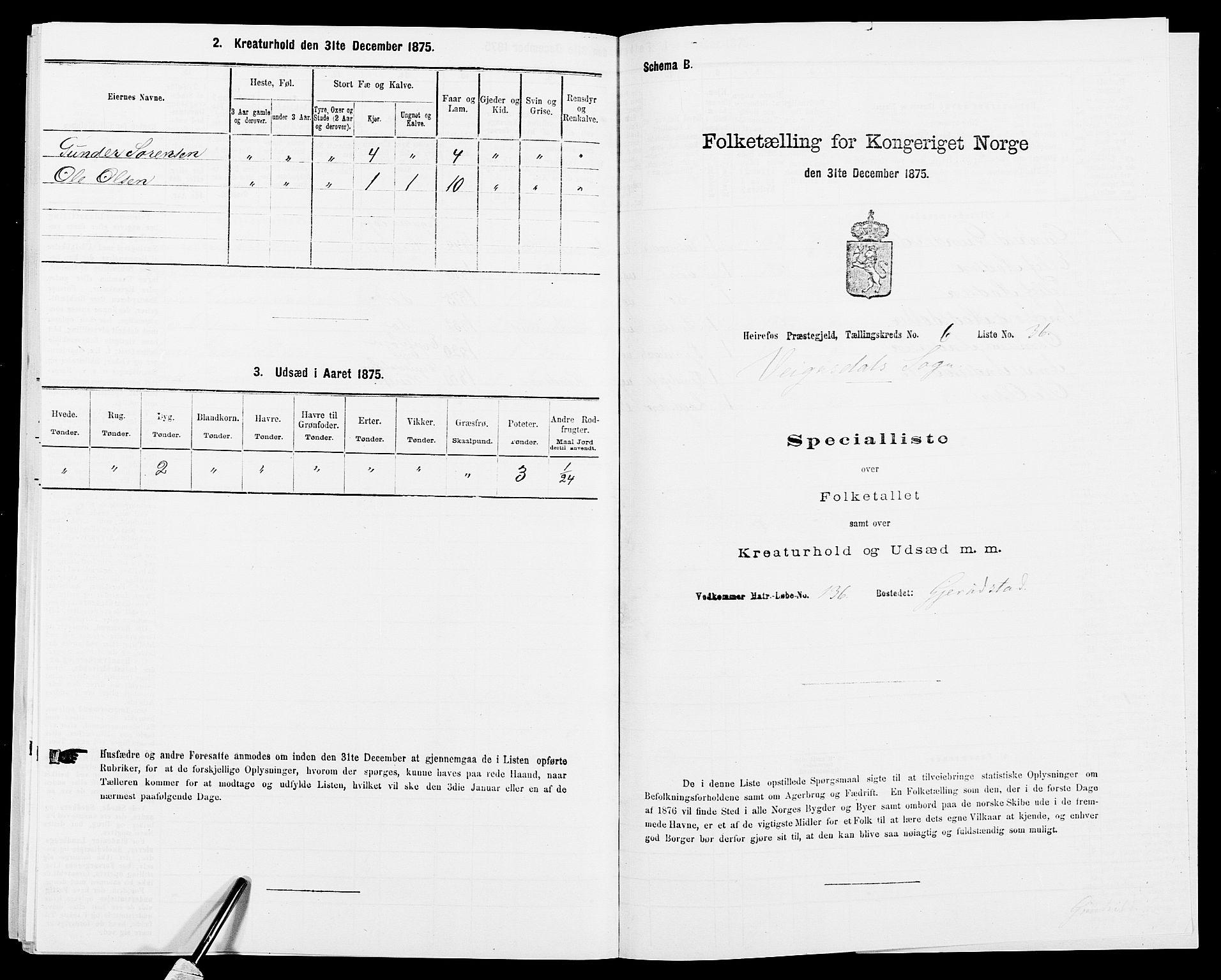 SAK, Folketelling 1875 for 0933P Herefoss prestegjeld, 1875, s. 542