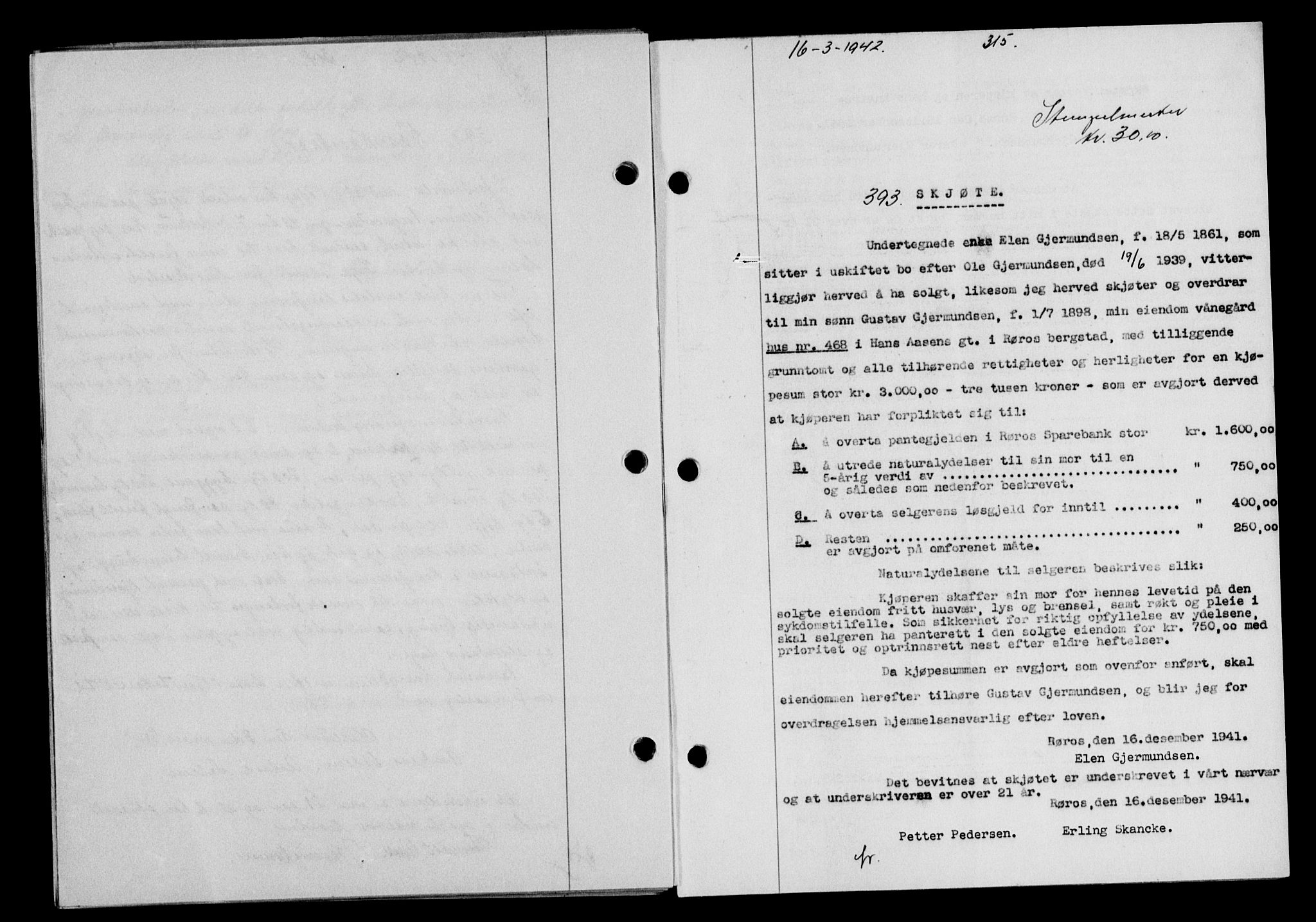 Gauldal sorenskriveri, SAT/A-0014/1/2/2C/L0054: Pantebok nr. 59, 1941-1942, Dagboknr: 393/1942