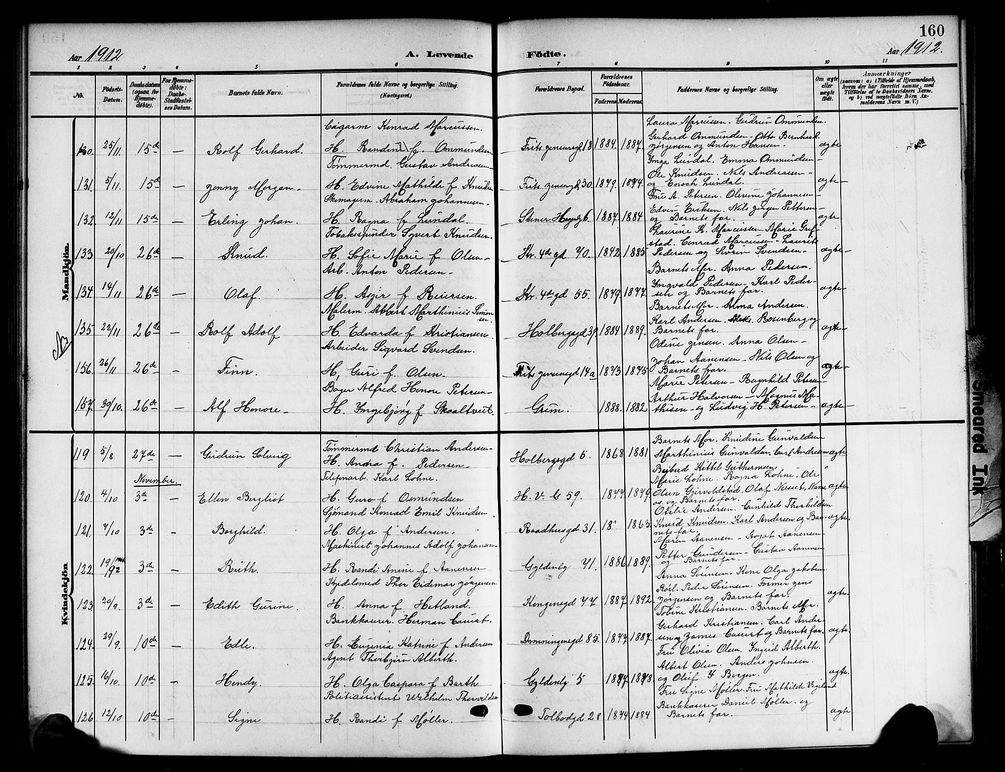 Kristiansand domprosti, AV/SAK-1112-0006/F/Fb/L0019: Klokkerbok nr. B 19, 1905-1914, s. 160