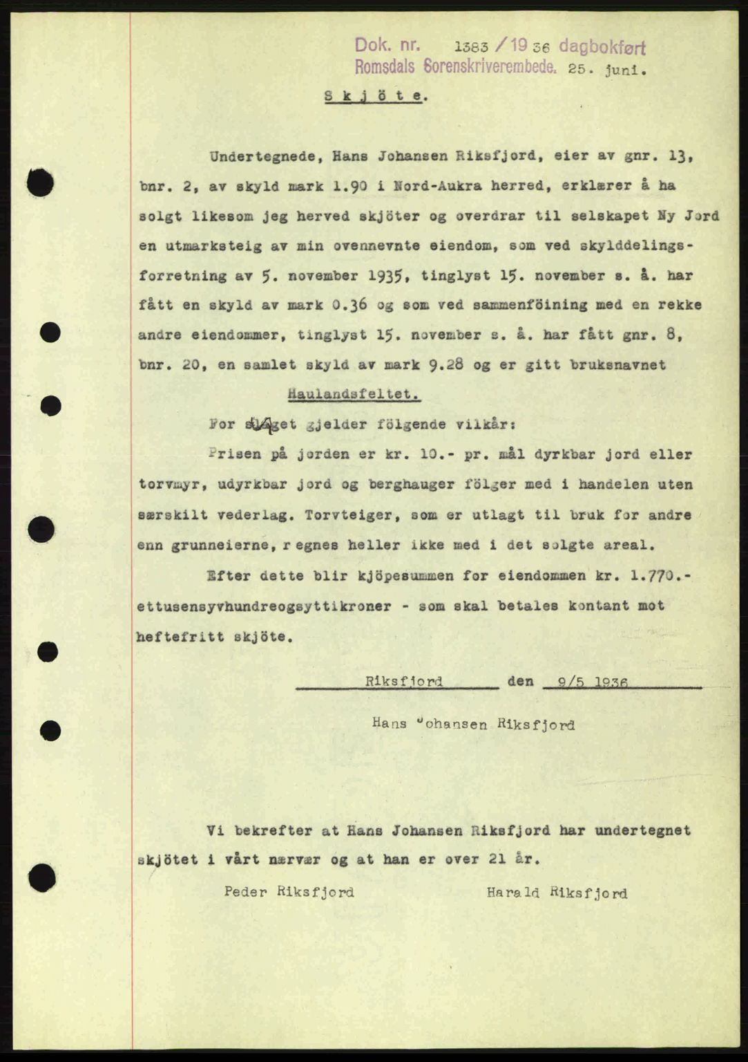 Romsdal sorenskriveri, SAT/A-4149/1/2/2C: Pantebok nr. A1, 1936-1936, Dagboknr: 1383/1936