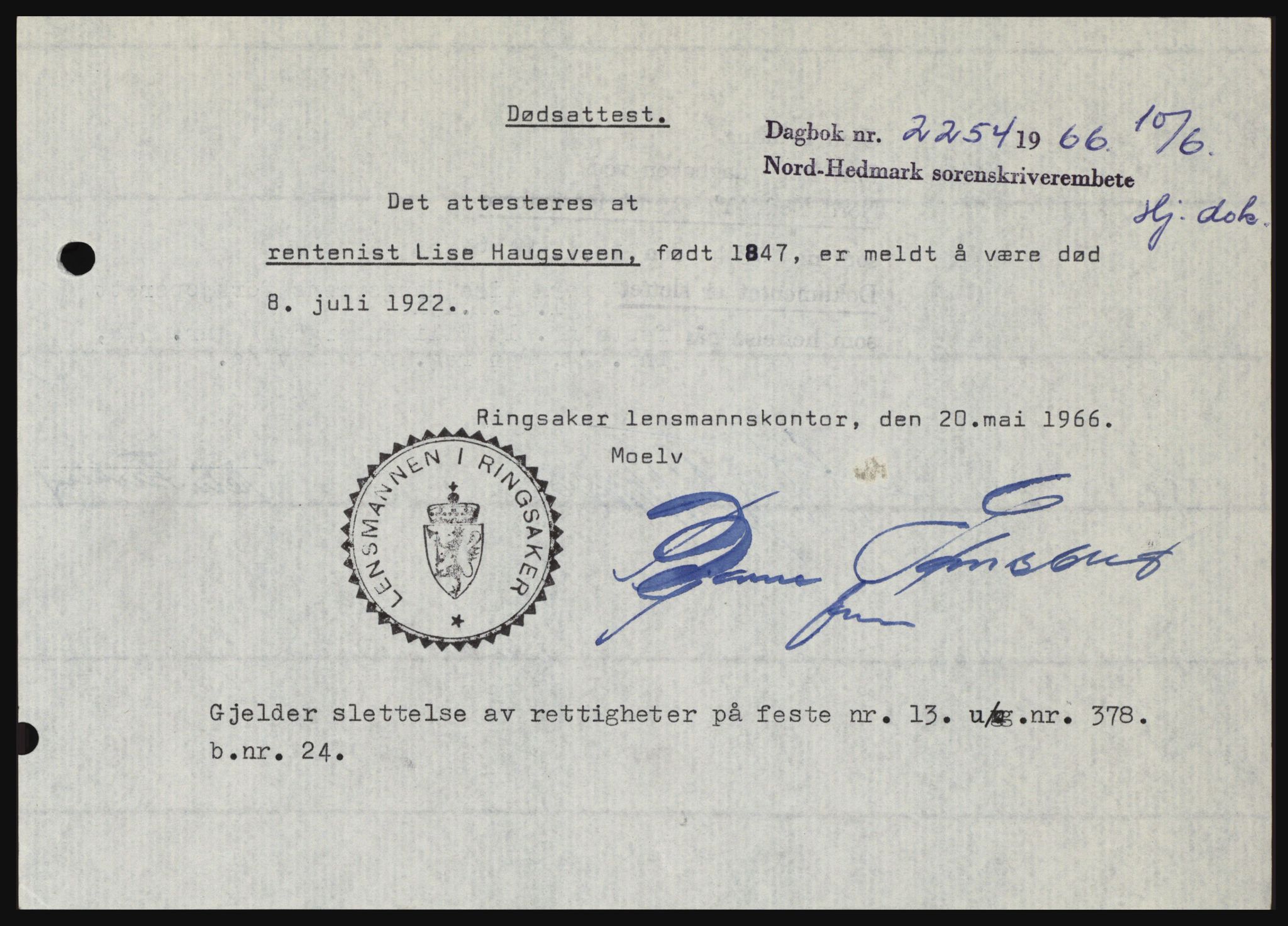 Nord-Hedmark sorenskriveri, SAH/TING-012/H/Hc/L0024: Pantebok nr. 24, 1966-1966, Dagboknr: 2254/1966