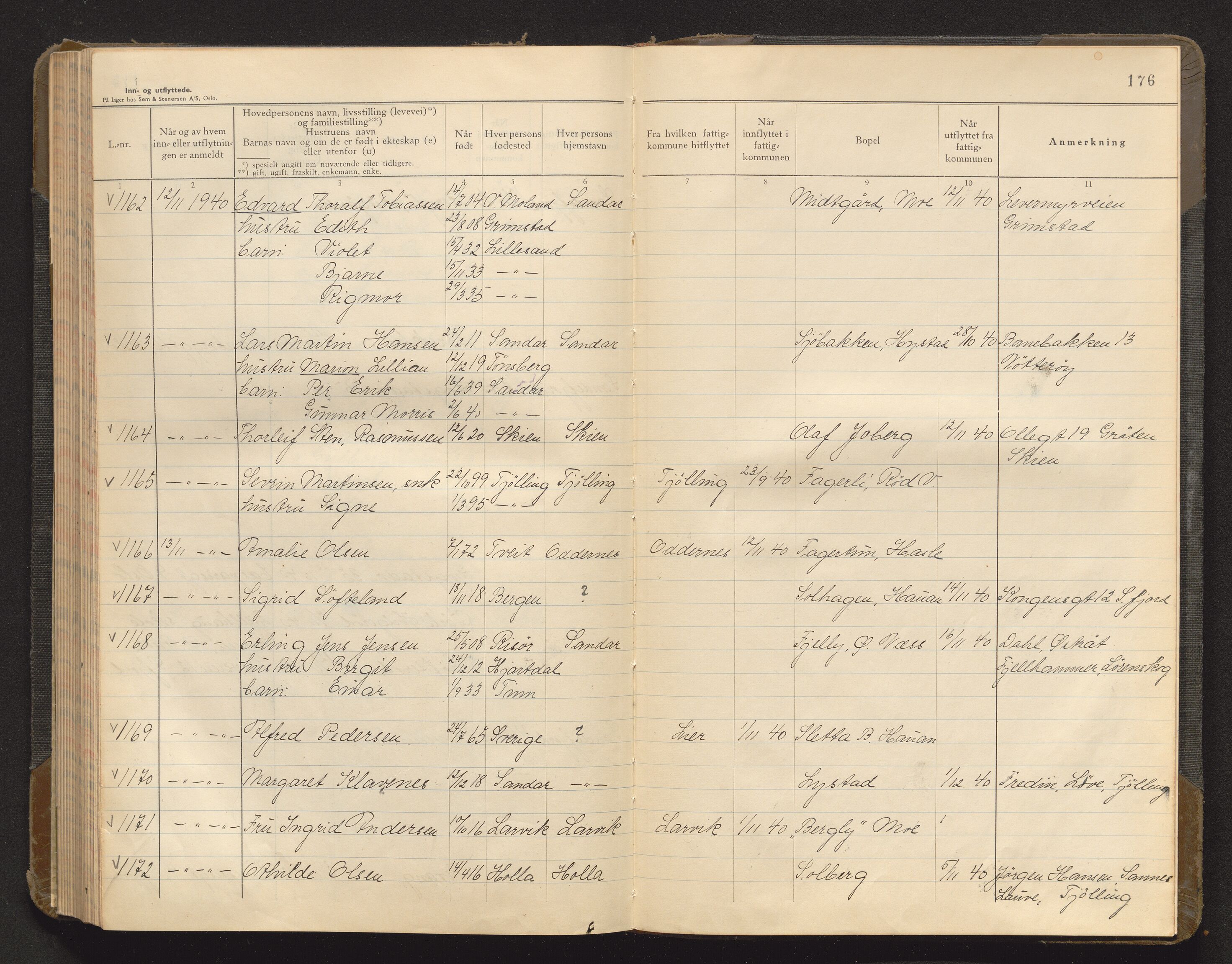 Sandar lensmannskontor, AV/SAKO-A-545/O/Oa/L0012: Protokoll over inn- og utflyttede, 1939-1940, s. 175b-176a