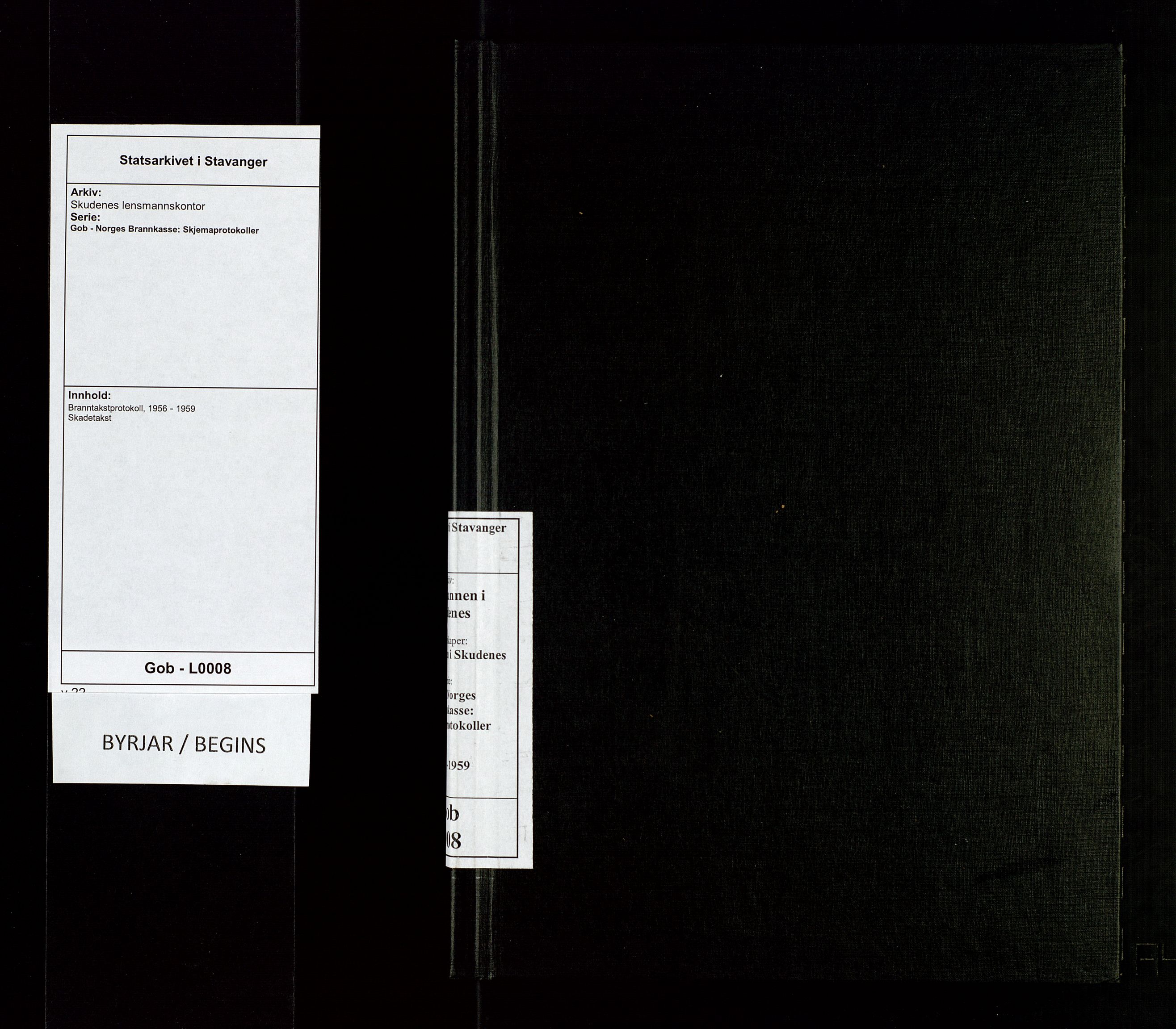 Skudenes lensmannskontor, AV/SAST-A-100444/Gob/L0008: Branntakstprotokoll, 1956-1959