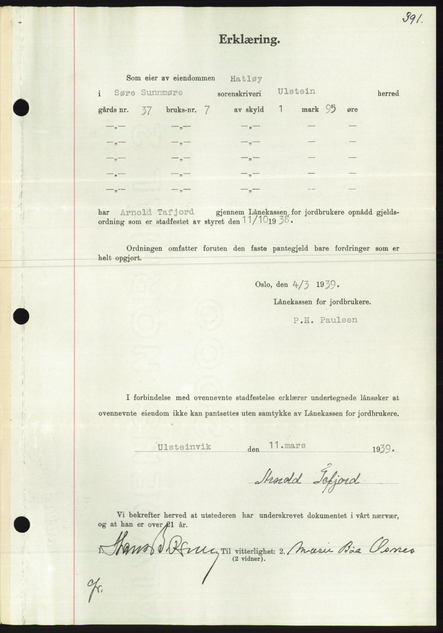 Søre Sunnmøre sorenskriveri, AV/SAT-A-4122/1/2/2C/L0067: Pantebok nr. 61, 1938-1939, Dagboknr: 360/1939