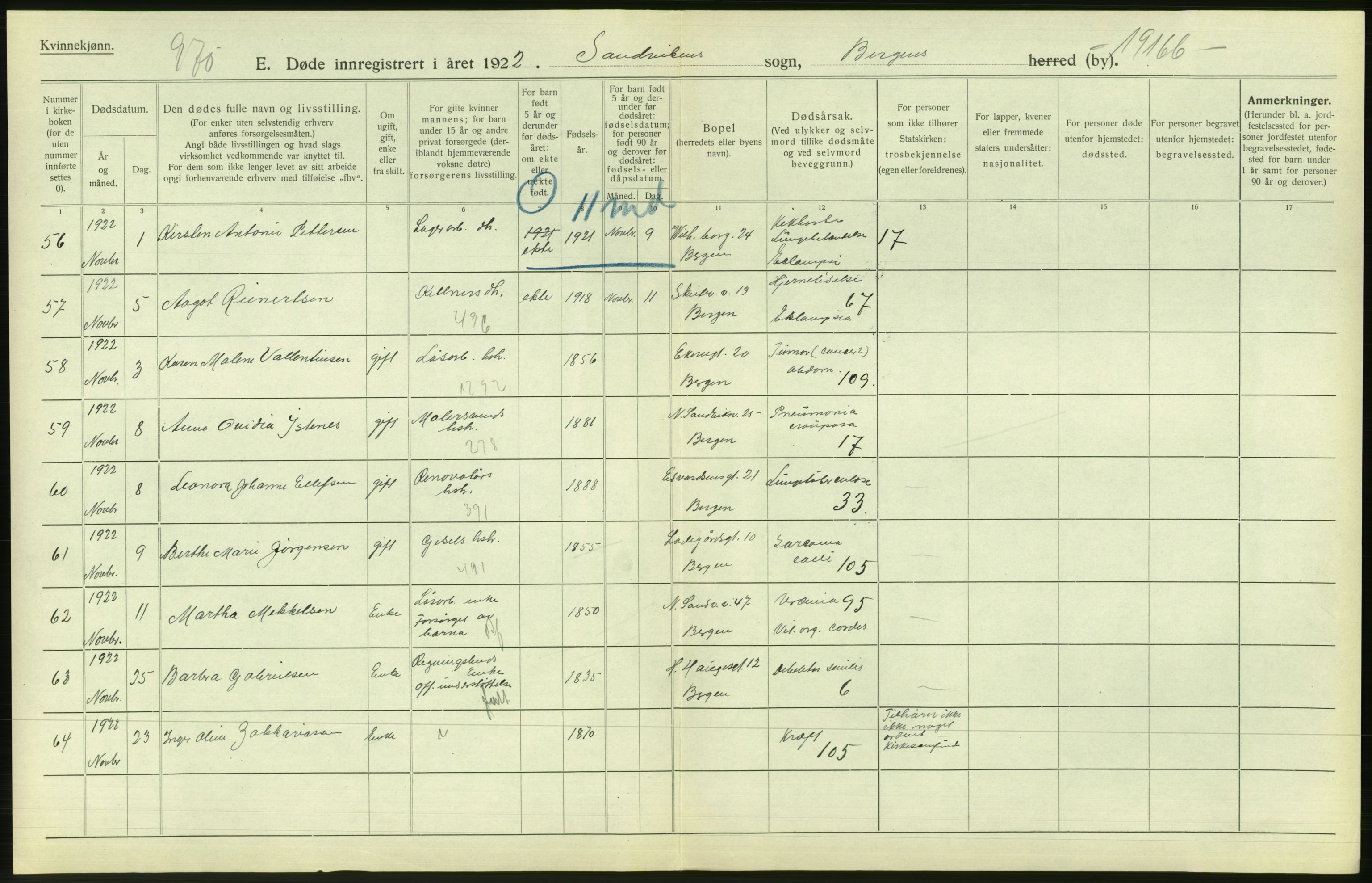 Statistisk sentralbyrå, Sosiodemografiske emner, Befolkning, RA/S-2228/D/Df/Dfc/Dfcb/L0030: Bergen: Gifte, døde, dødfødte., 1922, s. 564