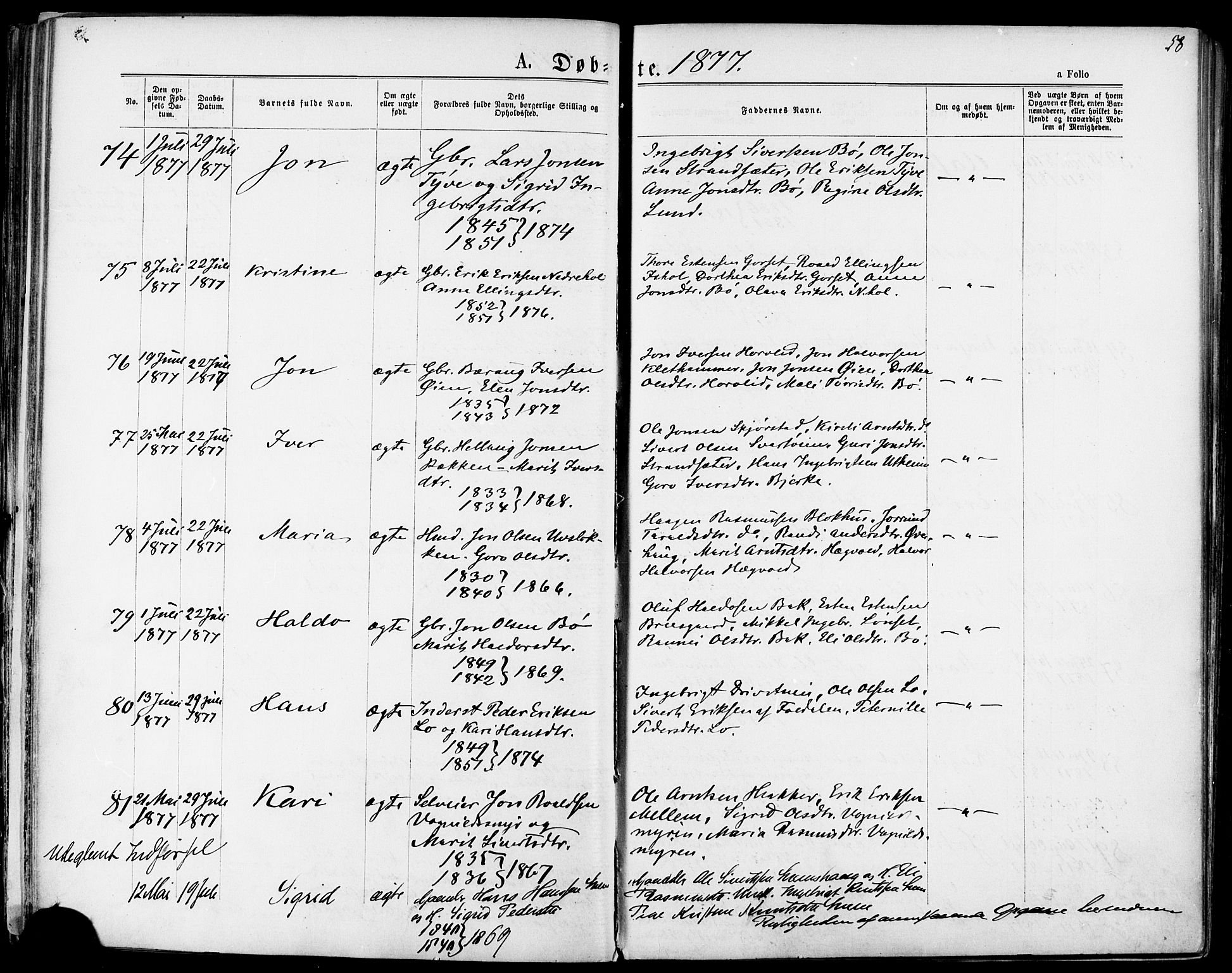 Ministerialprotokoller, klokkerbøker og fødselsregistre - Sør-Trøndelag, AV/SAT-A-1456/678/L0900: Ministerialbok nr. 678A09, 1872-1881, s. 58