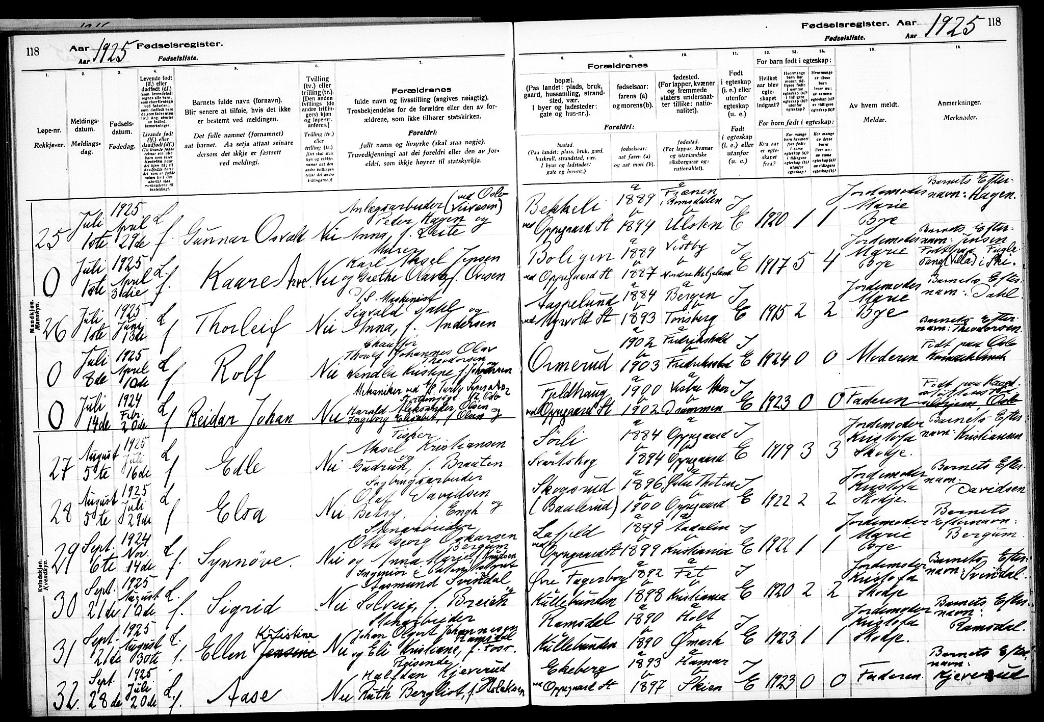 Nesodden prestekontor Kirkebøker, AV/SAO-A-10013/J/Jb/L0001: Fødselsregister nr. II 1, 1916-1933, s. 118