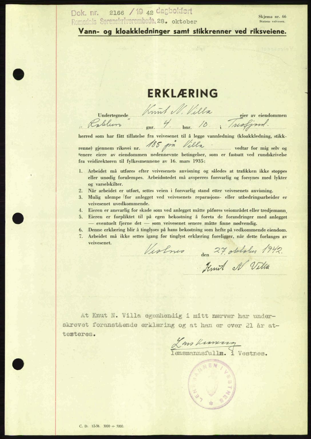 Romsdal sorenskriveri, SAT/A-4149/1/2/2C: Pantebok nr. B2, 1939-1945, Dagboknr: 2166/1942
