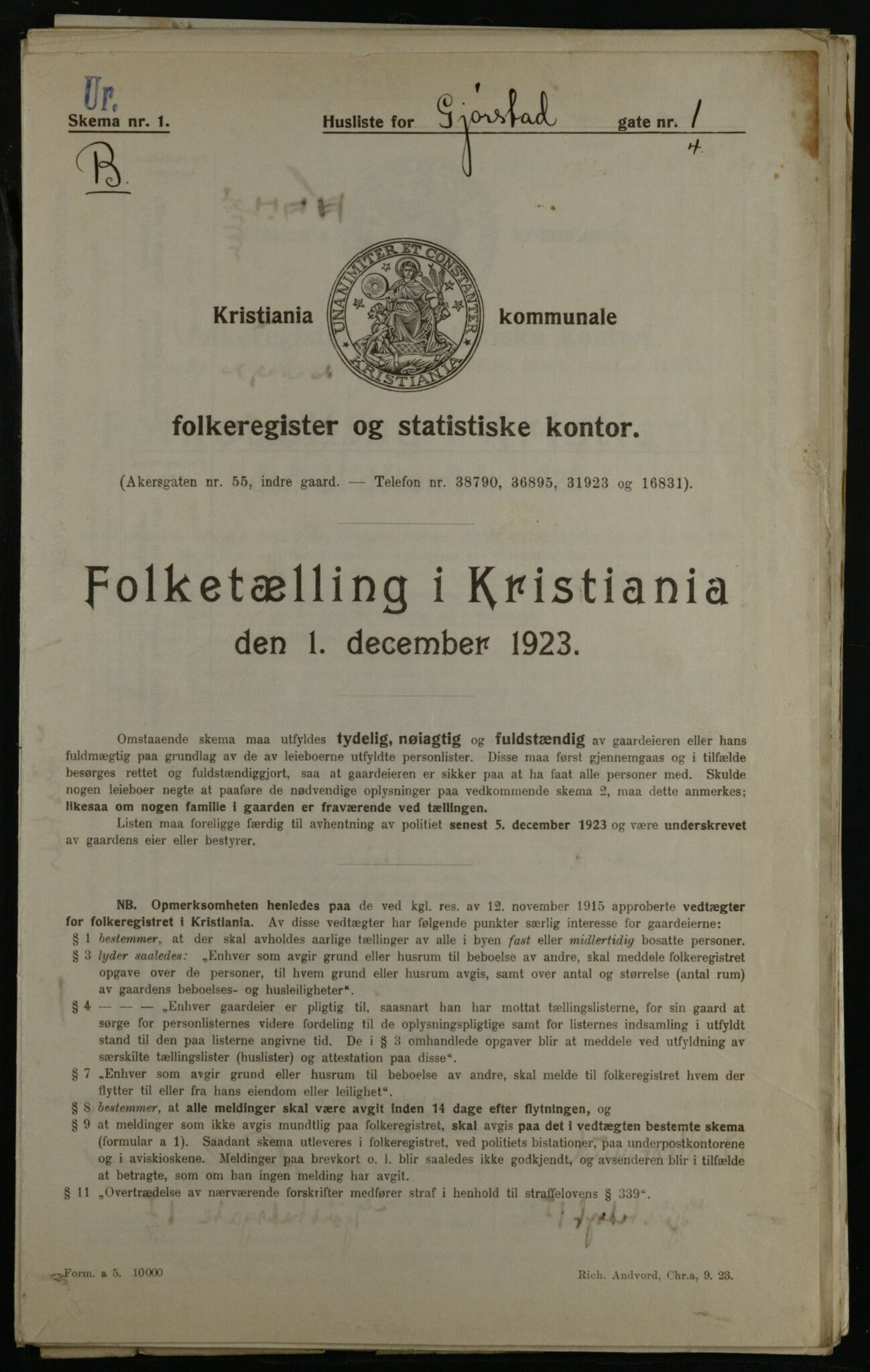 OBA, Kommunal folketelling 1.12.1923 for Kristiania, 1923, s. 33183