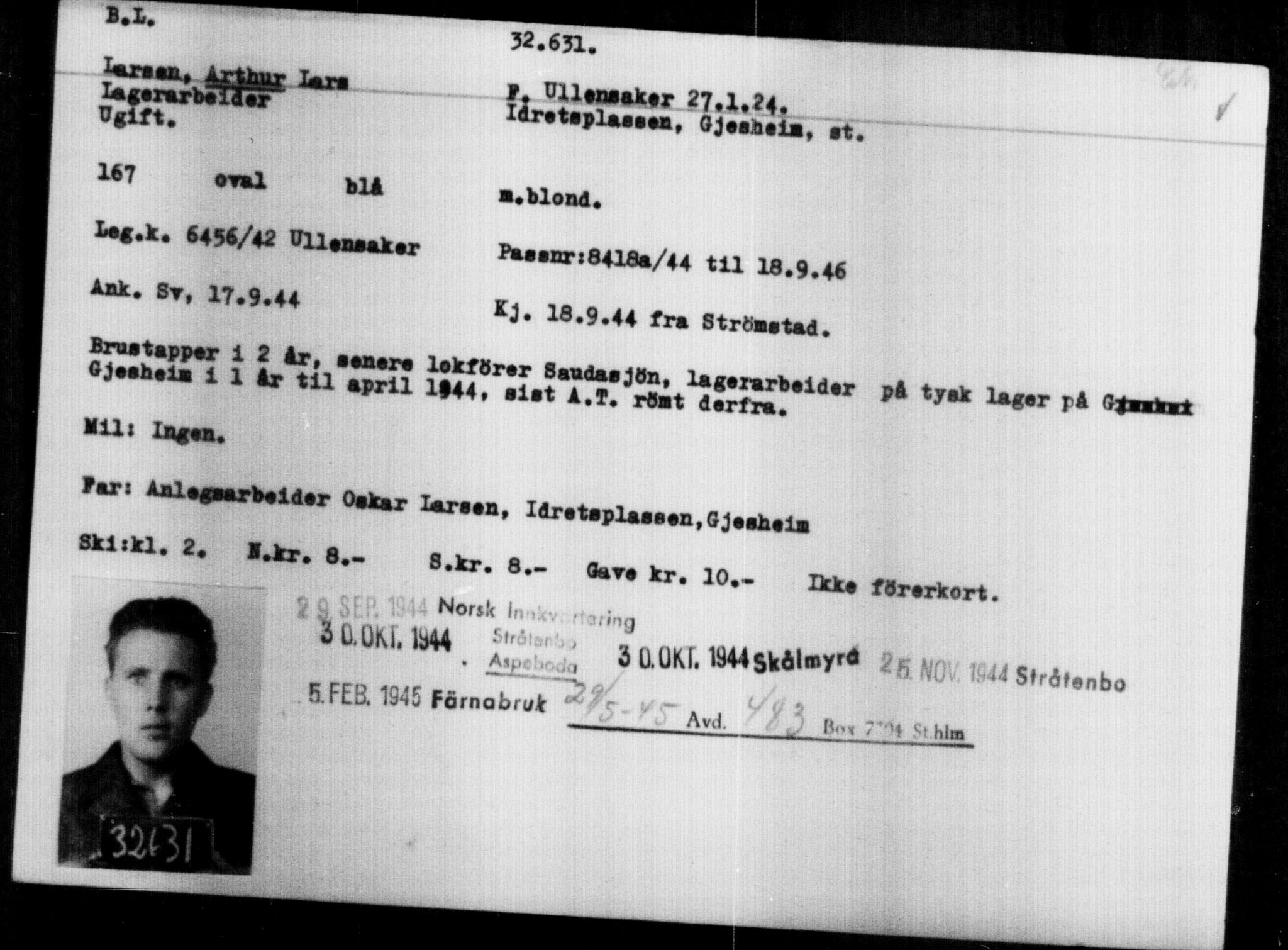 Utenriksstasjonene, Legasjonen i Stockholm, Flyktningkontoret, AV/RA-S-6753/V/Va/L0013: Kjesäterkartoteket, flyktninger med registreringsnr. 31500-34731, 1940-1945, s. 1194