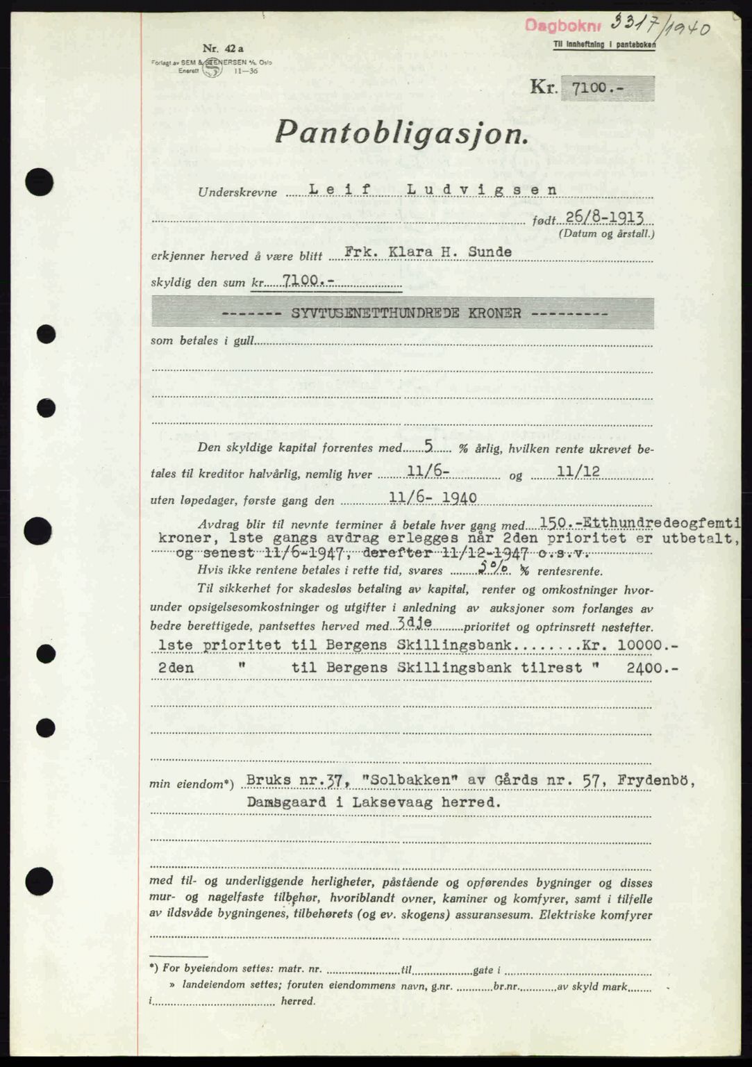 Midhordland sorenskriveri, SAB/A-3001/1/G/Gb/Gbo/L0002: Pantebok nr. B8-13, 1939-1941, Dagboknr: 3317/1940