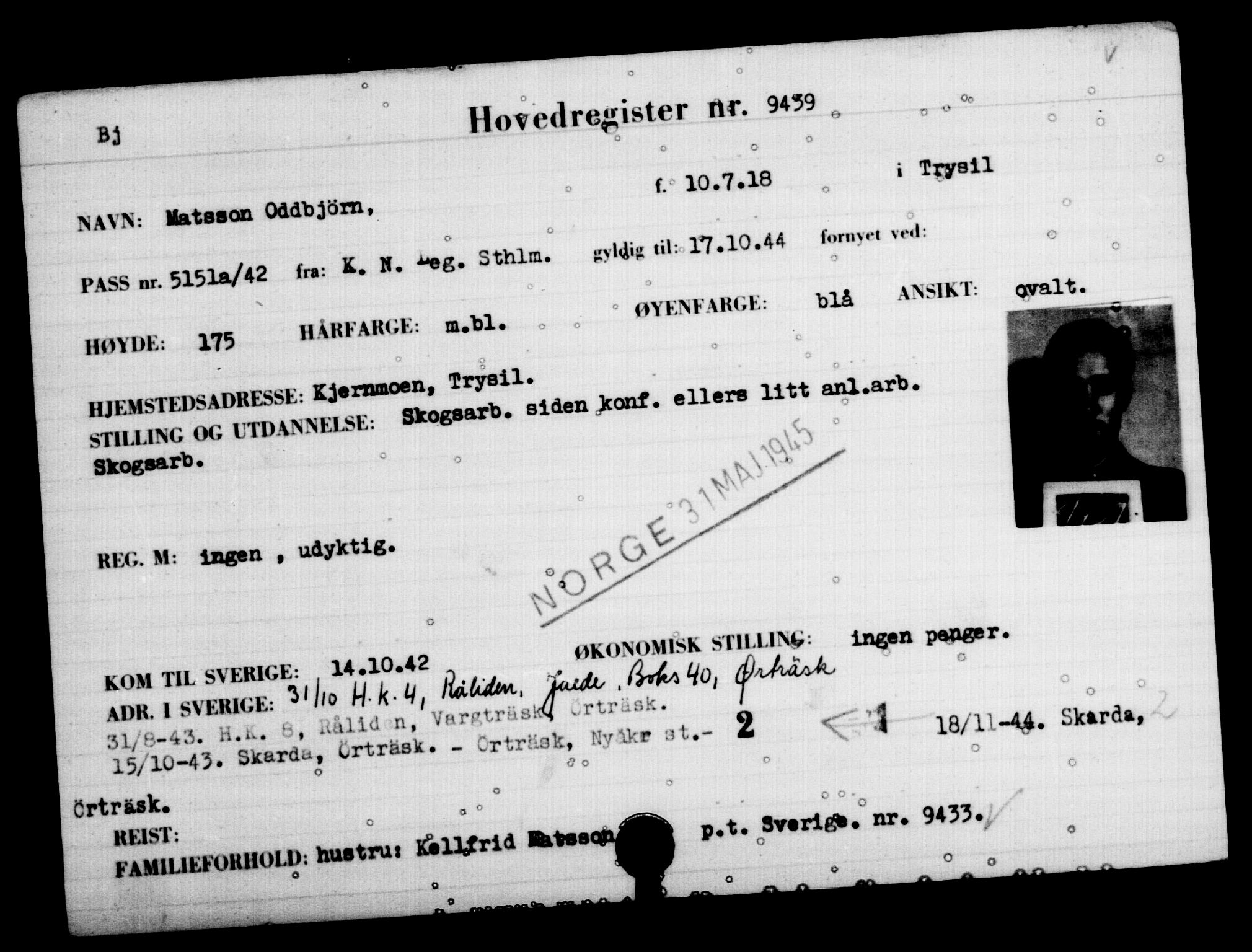 Utenriksstasjonene, Legasjonen i Stockholm, Flyktningkontoret, AV/RA-S-6753/V/Va/L0006: Kjesäterkartoteket, flyktninger med registreringsnr. 9400-12711, 1940-1945, s. 43