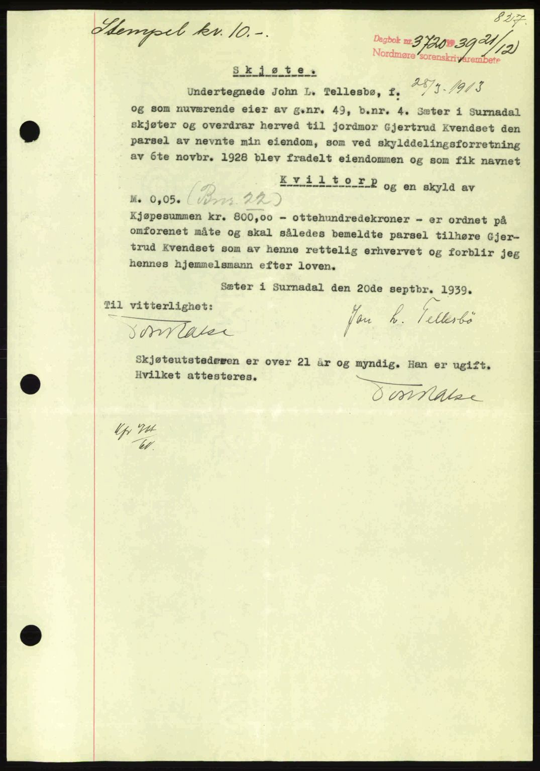 Nordmøre sorenskriveri, SAT/A-4132/1/2/2Ca: Pantebok nr. A87, 1939-1940, Dagboknr: 3720/1939