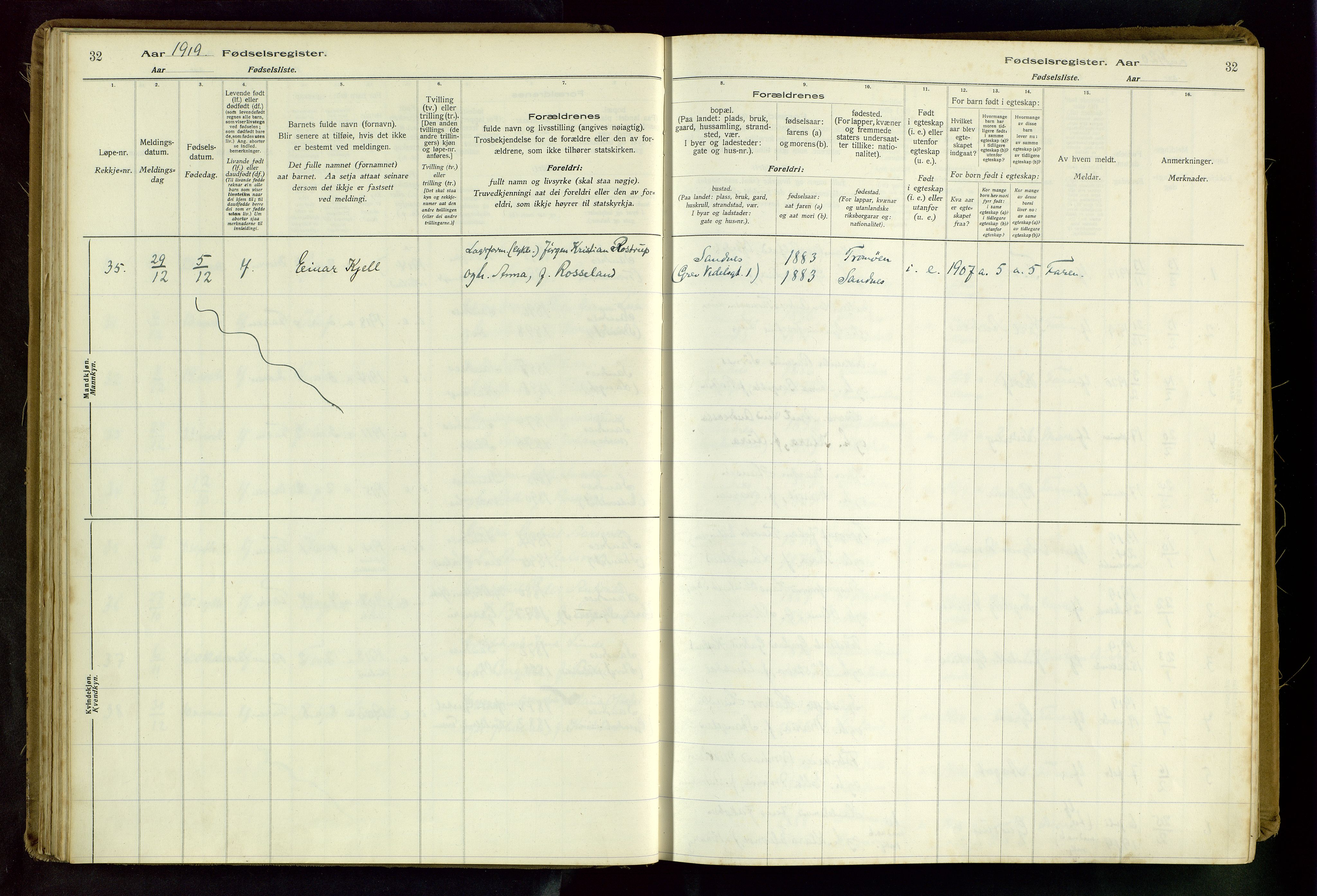 Sandnes sokneprestkontor, SAST/A-101800/704BA/L0001: Fødselsregister nr. 1, 1916-1942, s. 32