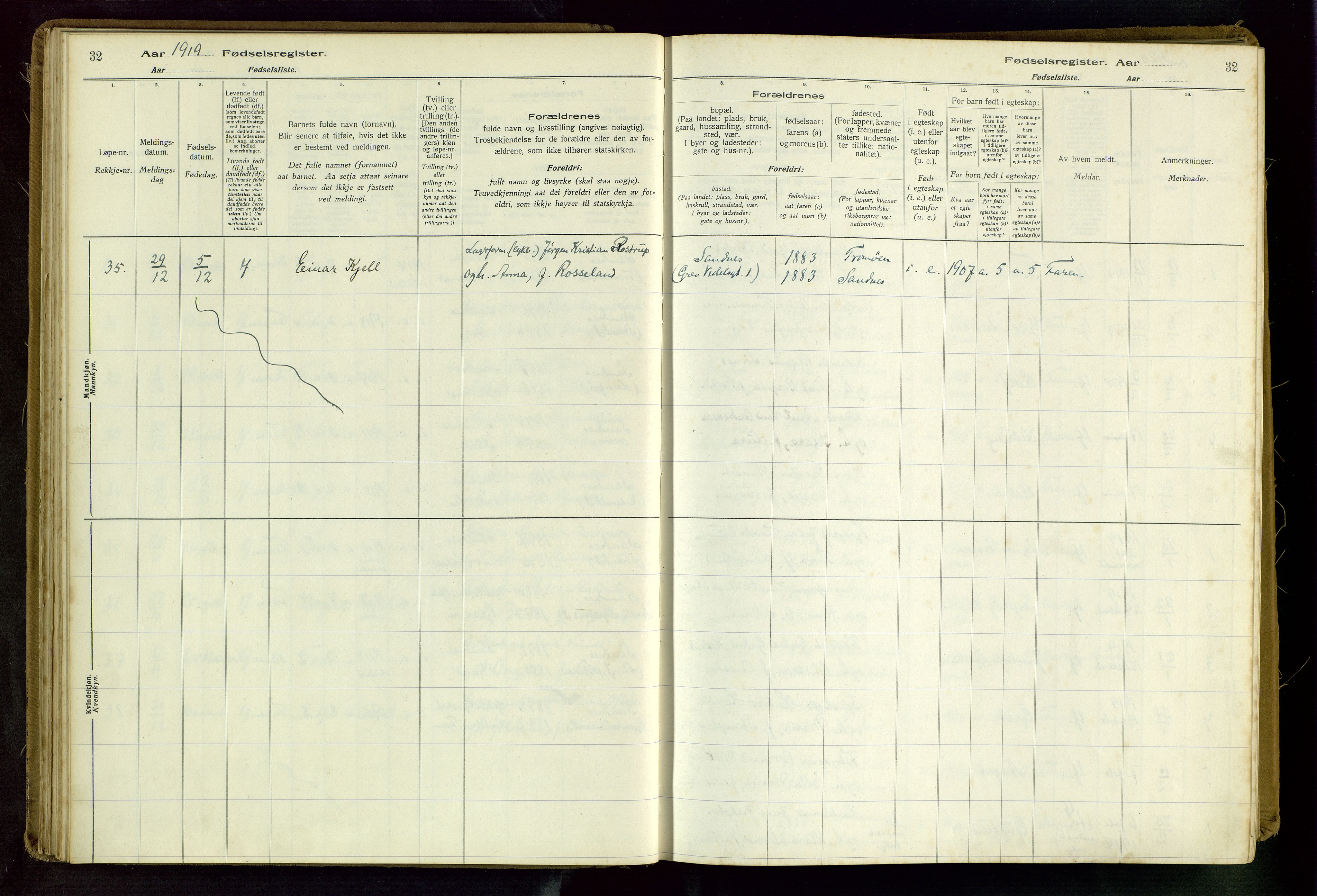 Sandnes sokneprestkontor, AV/SAST-A-101800/704BA/L0001: Fødselsregister nr. 1, 1916-1942, s. 32