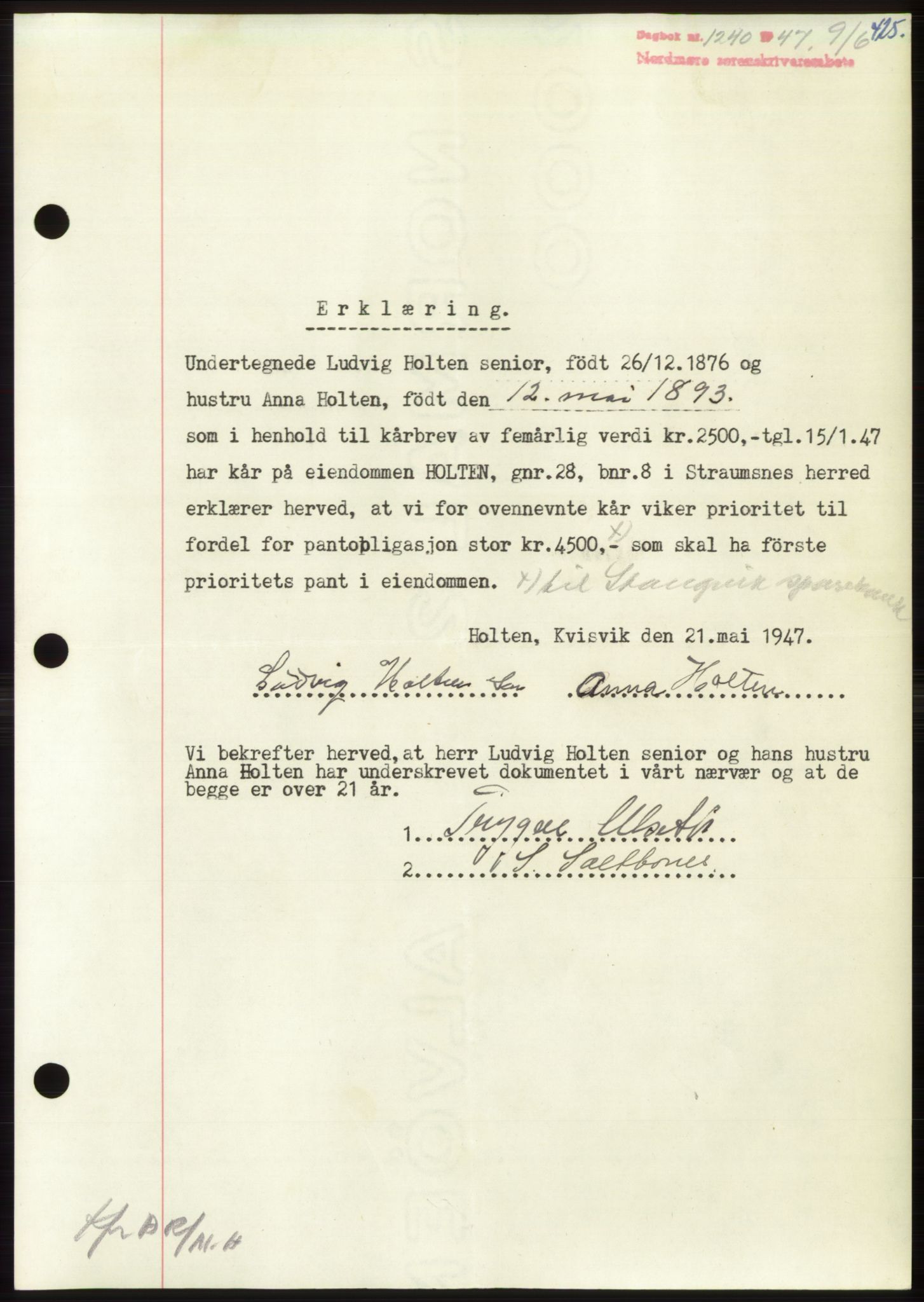 Nordmøre sorenskriveri, AV/SAT-A-4132/1/2/2Ca: Pantebok nr. B96, 1947-1947, Dagboknr: 1240/1947