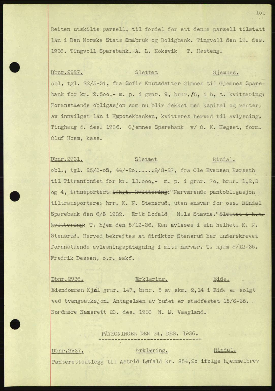 Nordmøre sorenskriveri, SAT/A-4132/1/2/2Ca: Pantebok nr. C80, 1936-1939, Dagboknr: 2927/1936