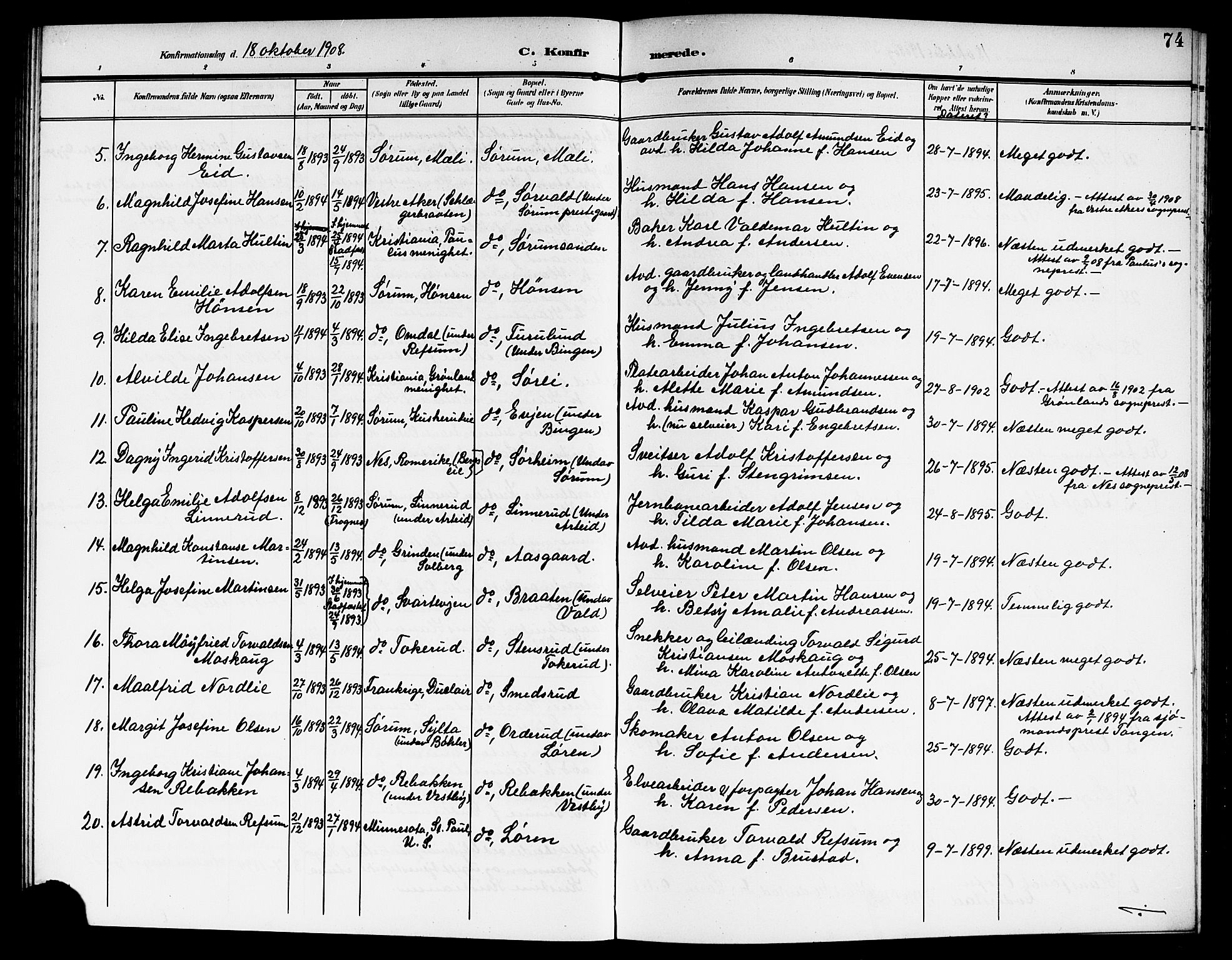 Sørum prestekontor Kirkebøker, AV/SAO-A-10303/G/Ga/L0007: Klokkerbok nr. I 7, 1907-1917, s. 74
