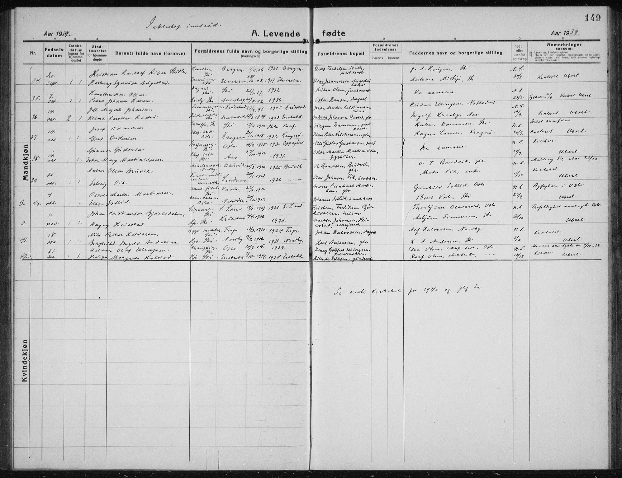 Kråkstad prestekontor Kirkebøker, AV/SAO-A-10125a/G/Gb/L0002: Klokkerbok nr. II 2, 1921-1941, s. 149