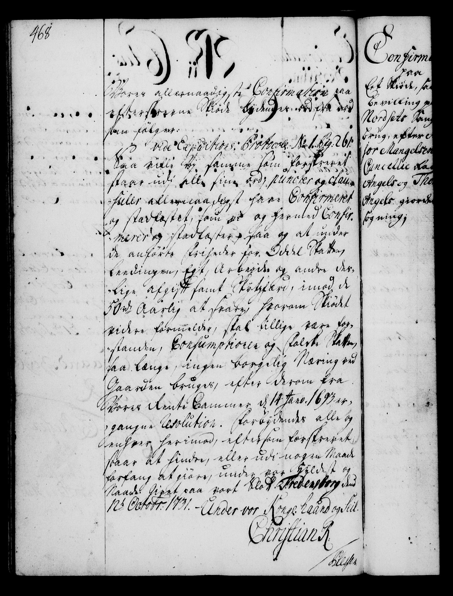 Rentekammeret, Kammerkanselliet, RA/EA-3111/G/Gg/Gga/L0003: Norsk ekspedisjonsprotokoll med register (merket RK 53.3), 1727-1734, s. 468