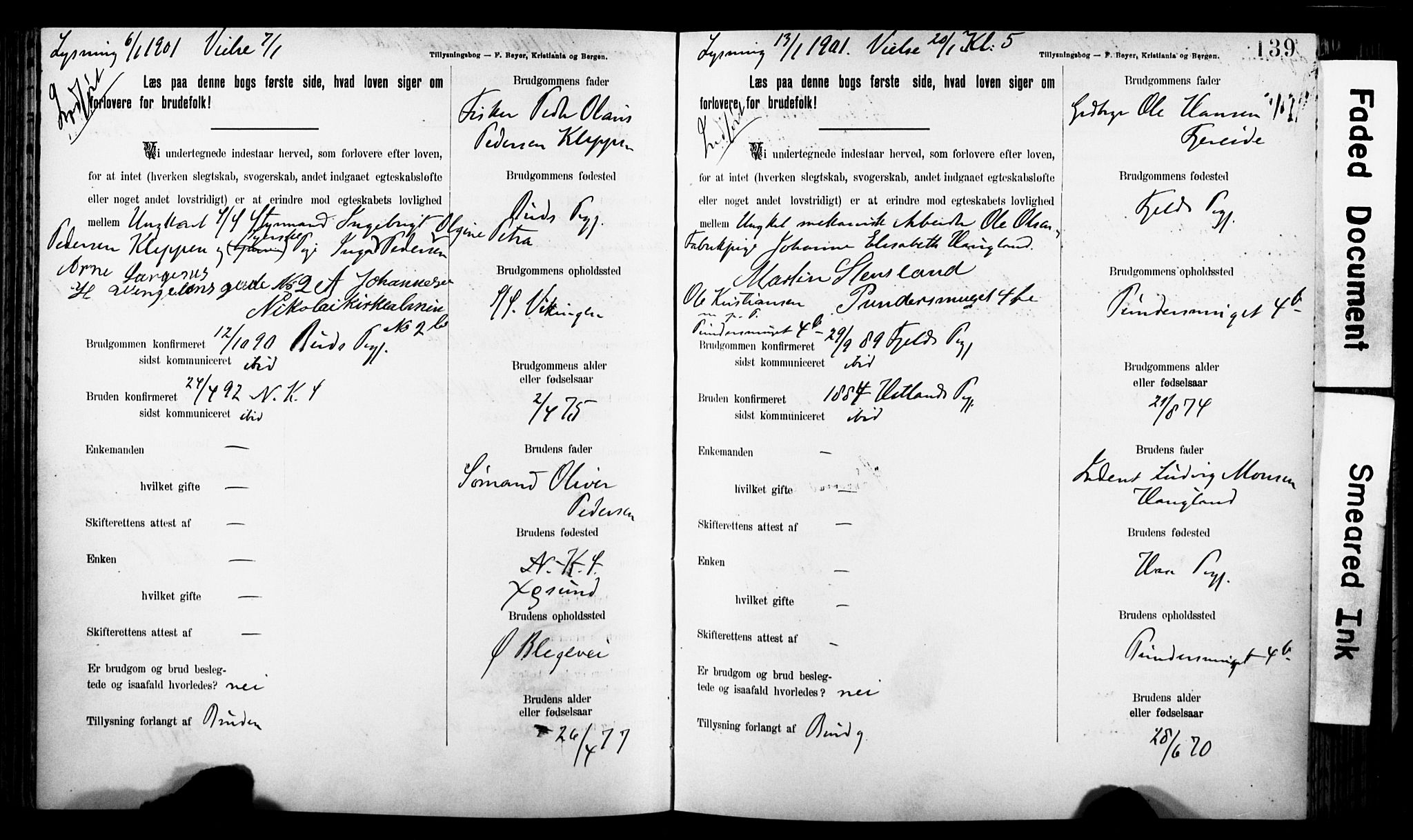 Korskirken sokneprestembete, SAB/A-76101: Forlovererklæringer nr. II.5.7, 1898-1903, s. 139