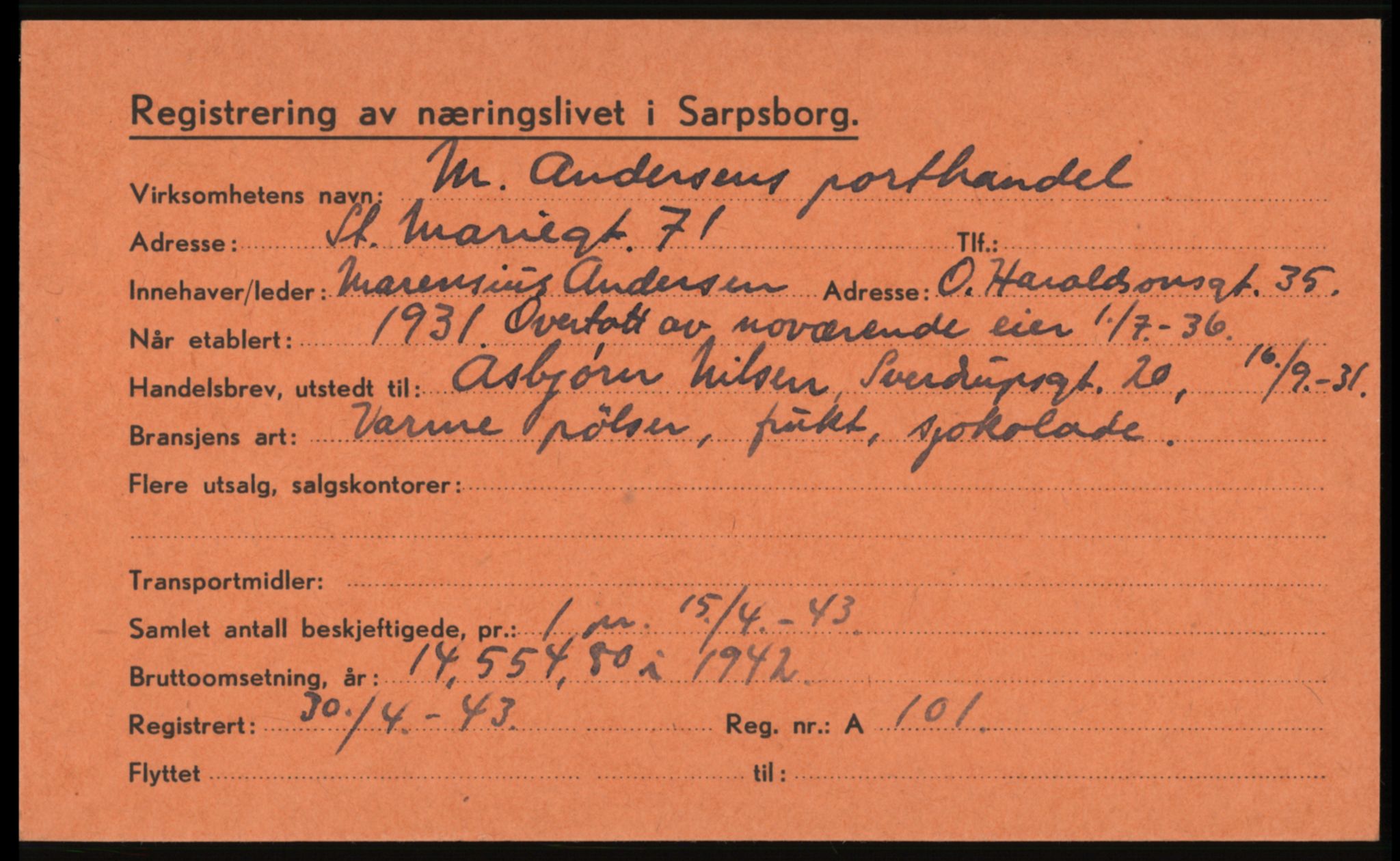 Sarpsborg folkeregister, AV/SAO-A-10231/O/Ob/L0002: Registrering av næringslivet i Sarpsborg - kartotekkort, 1943