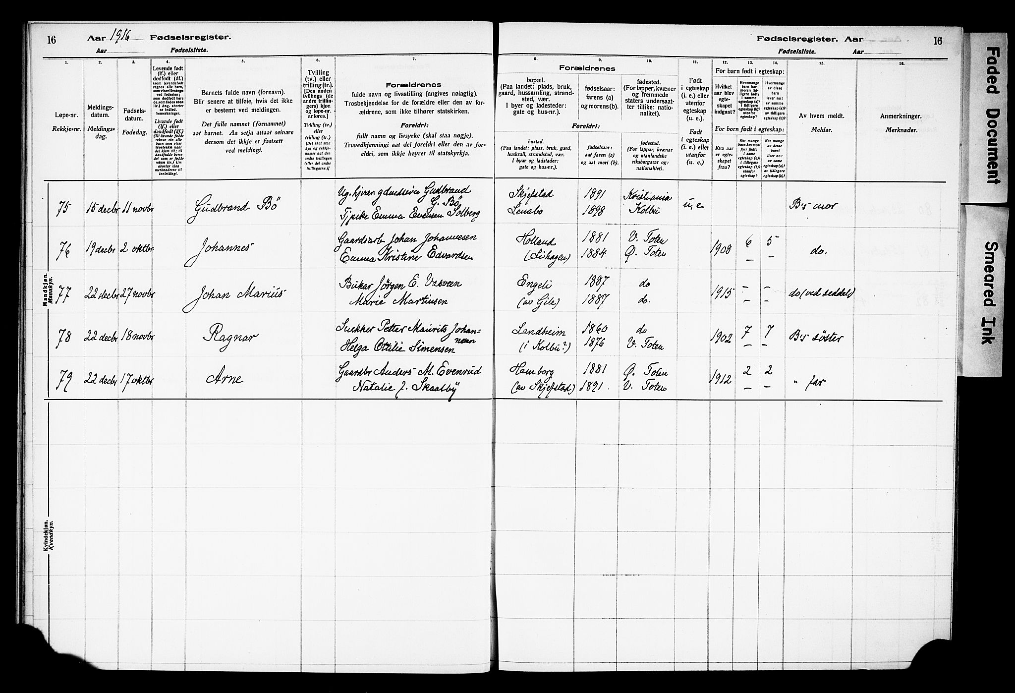 Østre Toten prestekontor, AV/SAH-PREST-104/I/Id/L0001/0001: Fødselsregister nr. 1.1, 1916-1928, s. 16