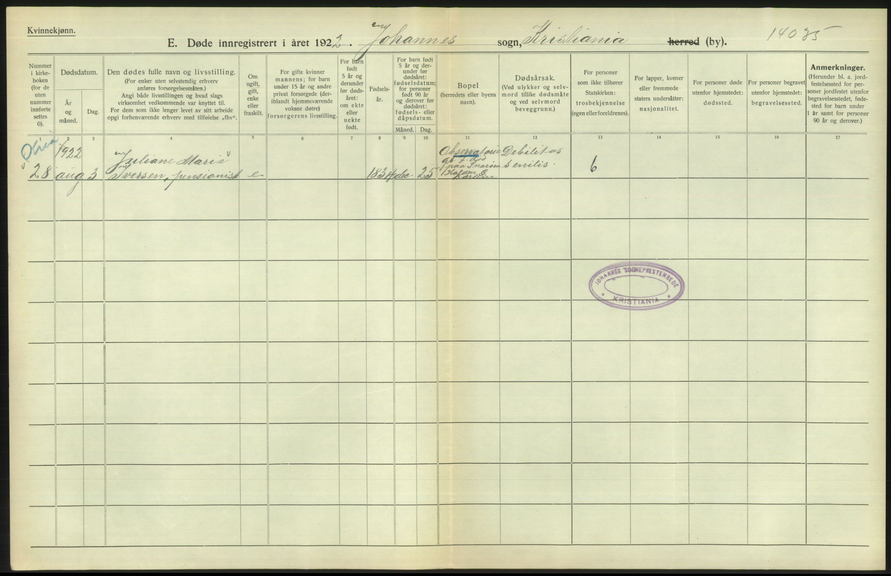 Statistisk sentralbyrå, Sosiodemografiske emner, Befolkning, AV/RA-S-2228/D/Df/Dfc/Dfcb/L0009: Kristiania: Døde, 1922, s. 110