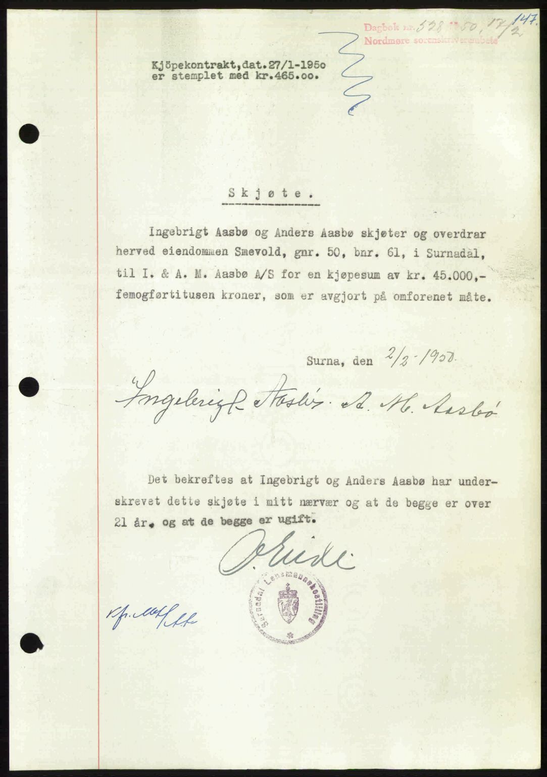 Nordmøre sorenskriveri, SAT/A-4132/1/2/2Ca: Pantebok nr. A114, 1950-1950, Dagboknr: 528/1950