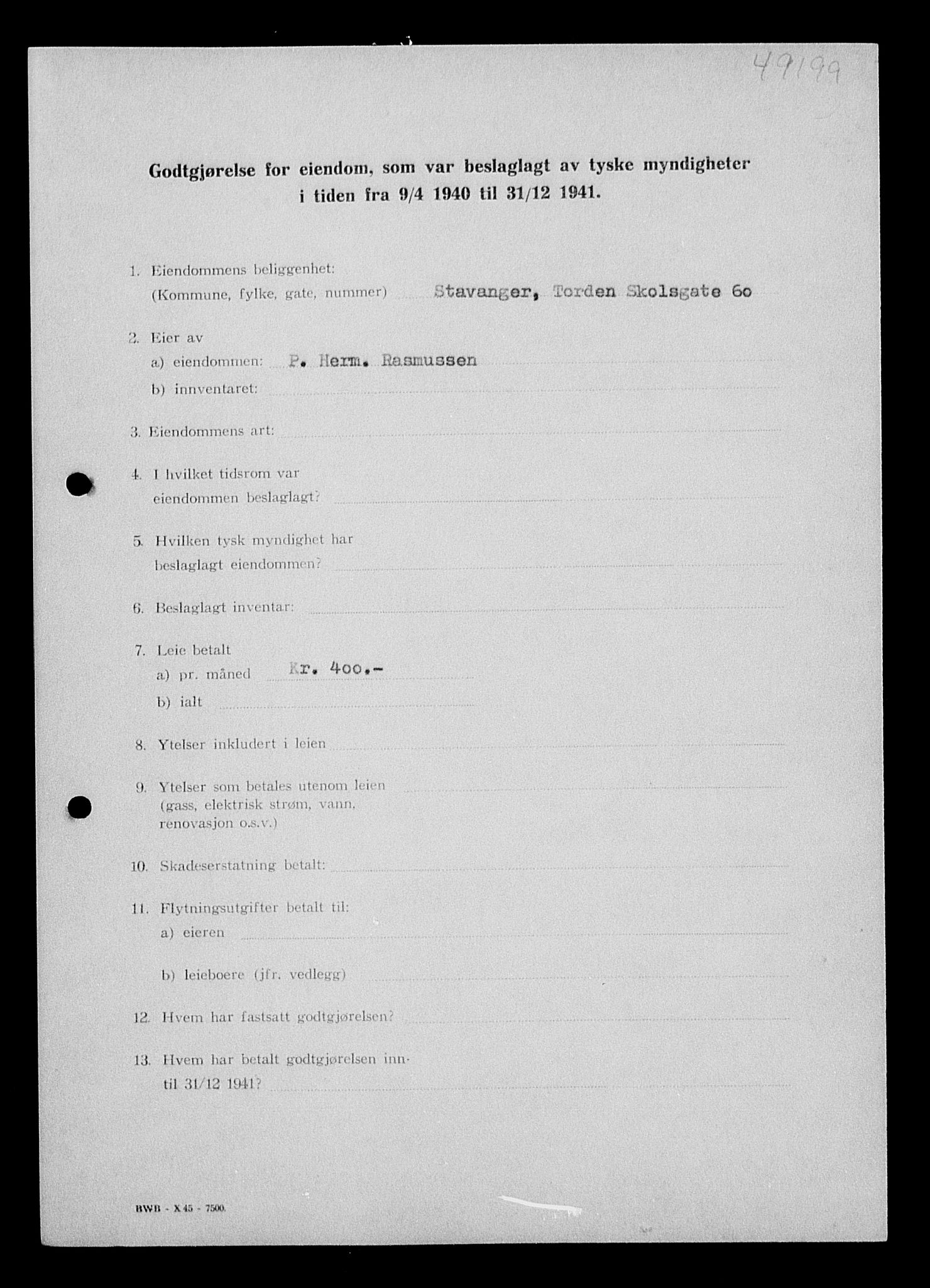 Justisdepartementet, Tilbakeføringskontoret for inndratte formuer, AV/RA-S-1564/I/L1014: Godtgjørelse for beslaglagt eiendom, 1940-1941, s. 109
