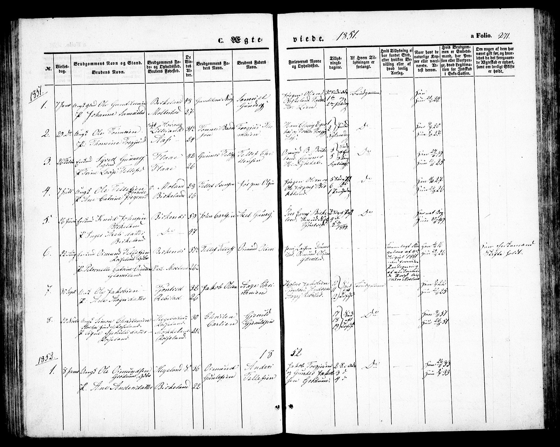 Birkenes sokneprestkontor, AV/SAK-1111-0004/F/Fb/L0002: Klokkerbok nr. B 2, 1849-1876, s. 271