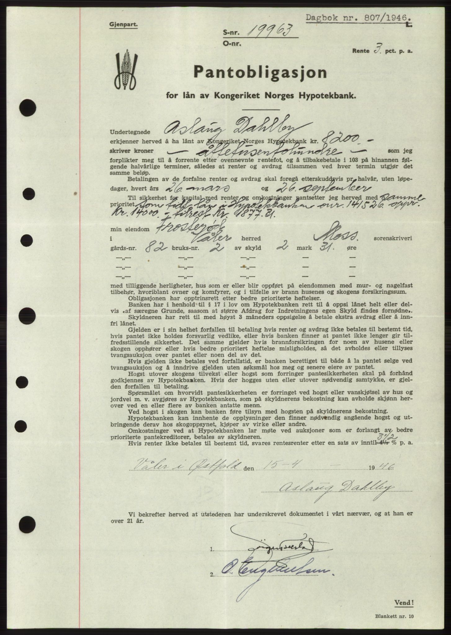 Moss sorenskriveri, SAO/A-10168: Pantebok nr. B15, 1946-1946, Dagboknr: 807/1946