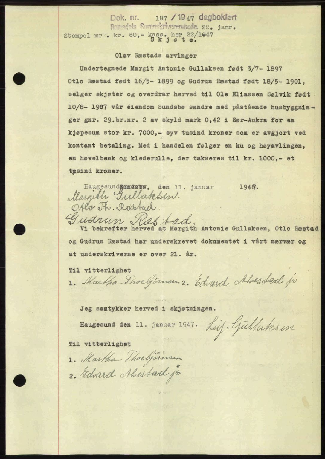 Romsdal sorenskriveri, SAT/A-4149/1/2/2C: Pantebok nr. A22, 1947-1947, Dagboknr: 187/1947