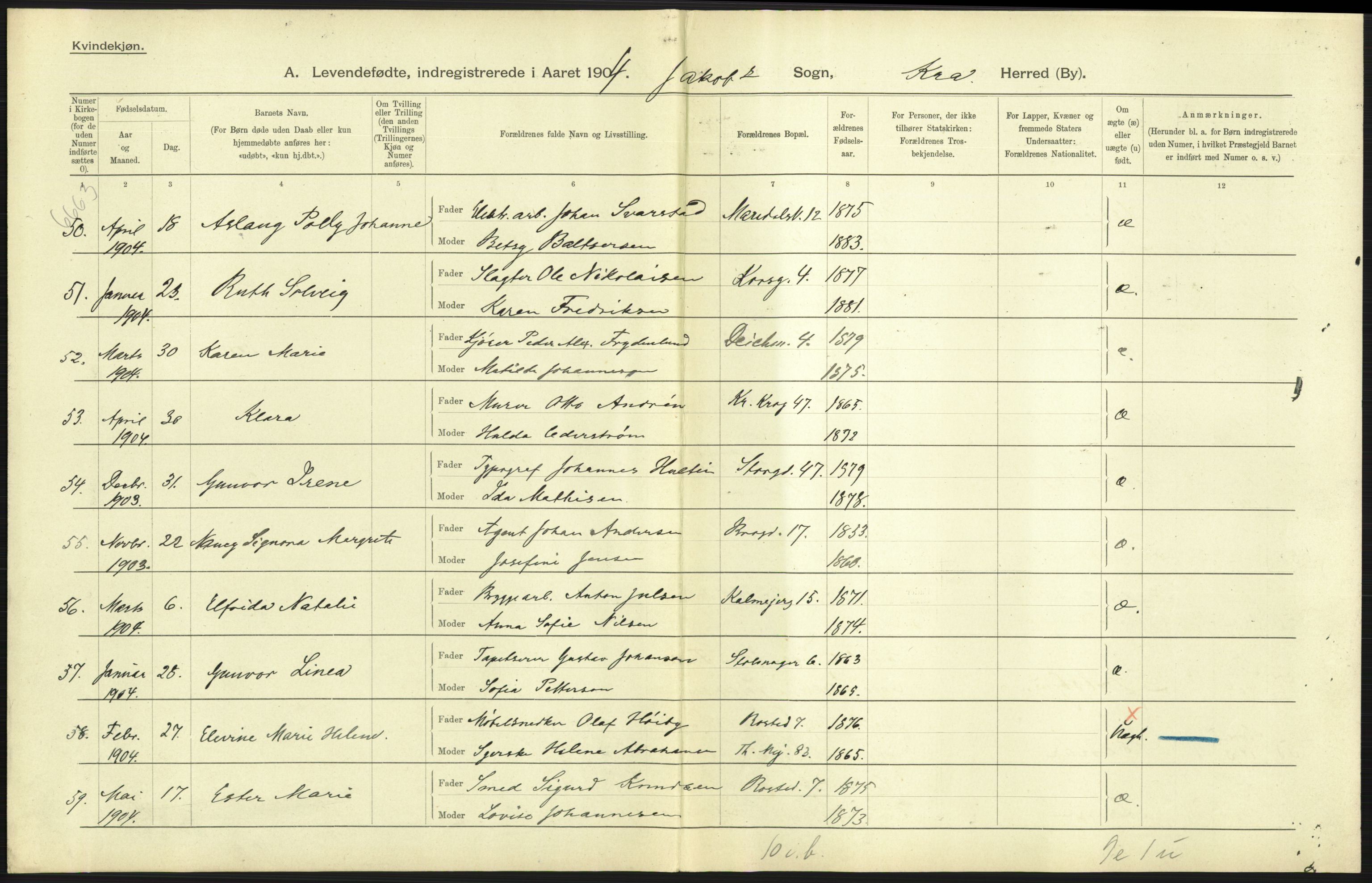 Statistisk sentralbyrå, Sosiodemografiske emner, Befolkning, AV/RA-S-2228/D/Df/Dfa/Dfab/L0003: Kristiania: Fødte, 1904, s. 19