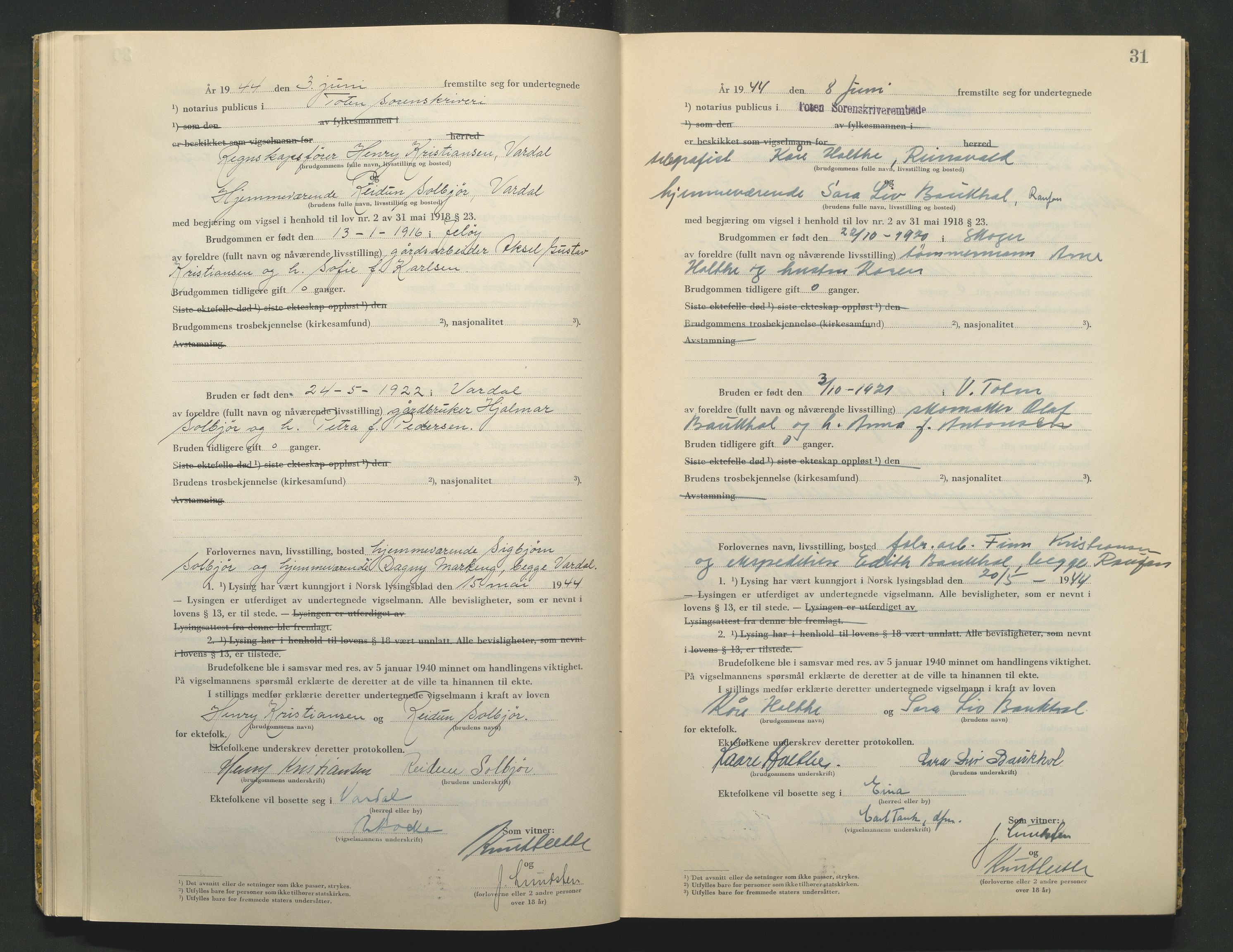 Toten tingrett, AV/SAH-TING-006/L/Lc/L0004: Vigselbok, 1944, s. 31