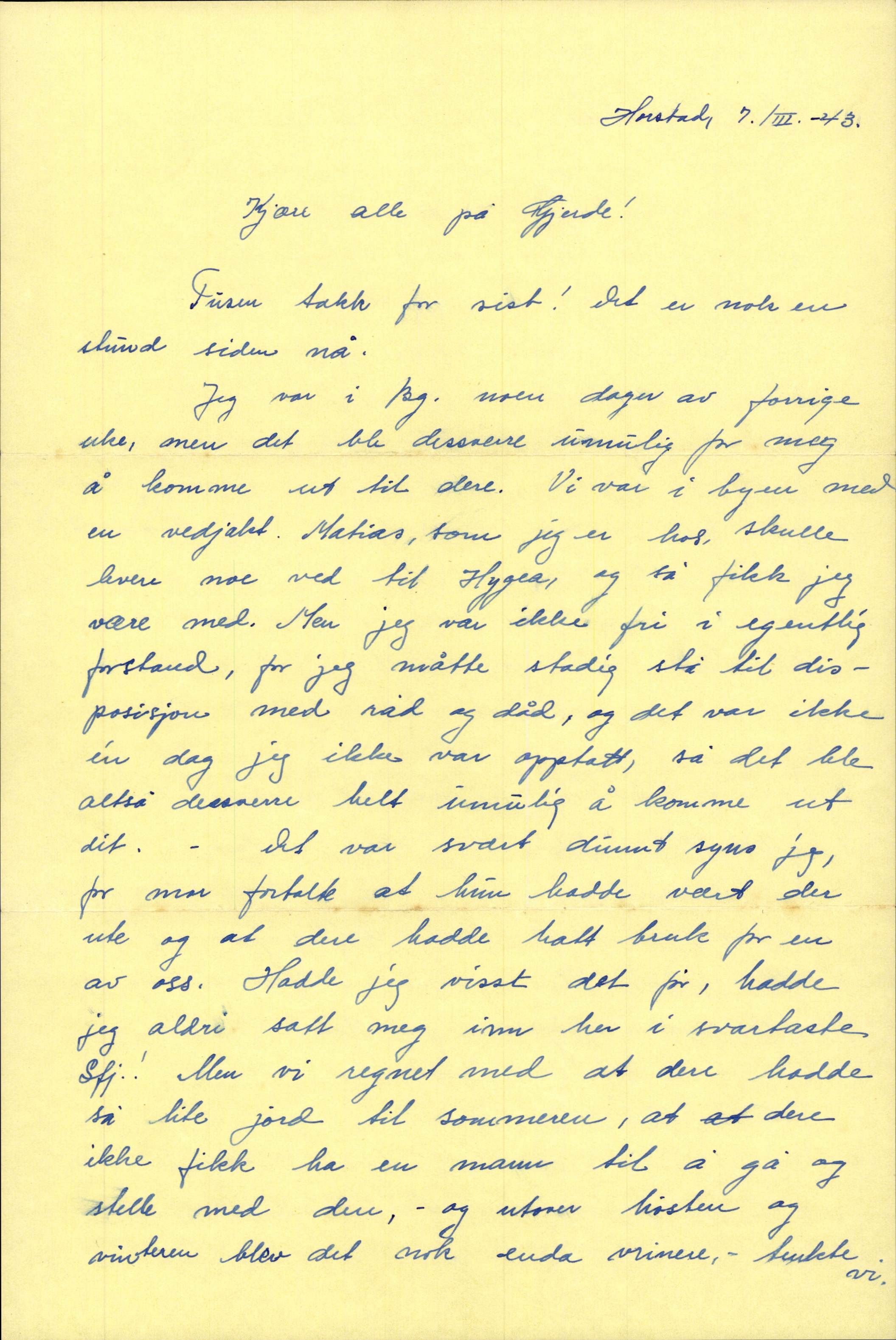 Brevsamling etter Olga Fjell , IKAH/1246-Pa0005/E/Ea/L0007/0008/0001: Ymse brev / Brev til familien på Gjerdet, 1943