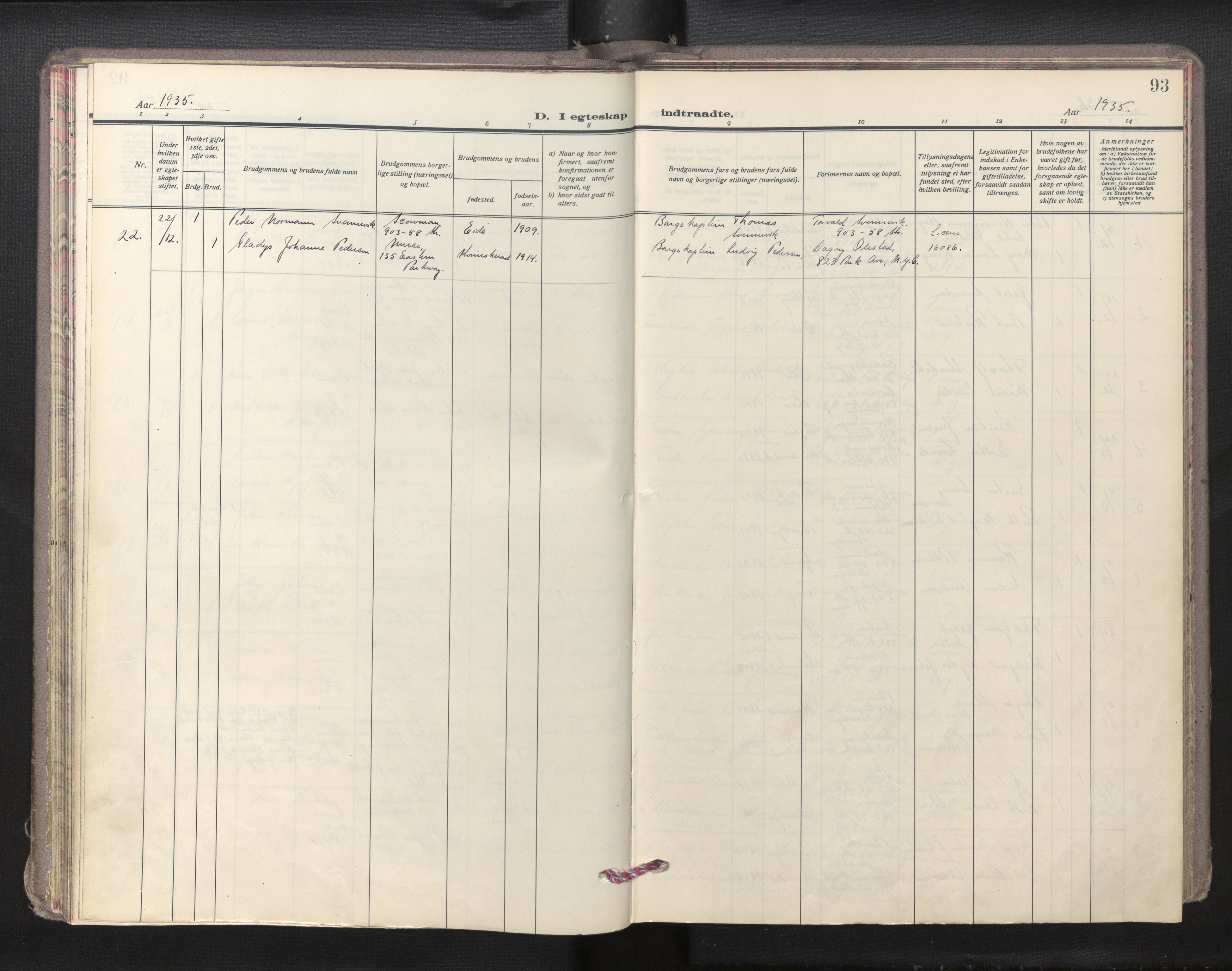 Den norske sjømannsmisjon i utlandet/New York, SAB/SAB/PA-0110/H/Ha/L0009: Ministerialbok nr. A 9, 1935-1945, s. 92b-93a