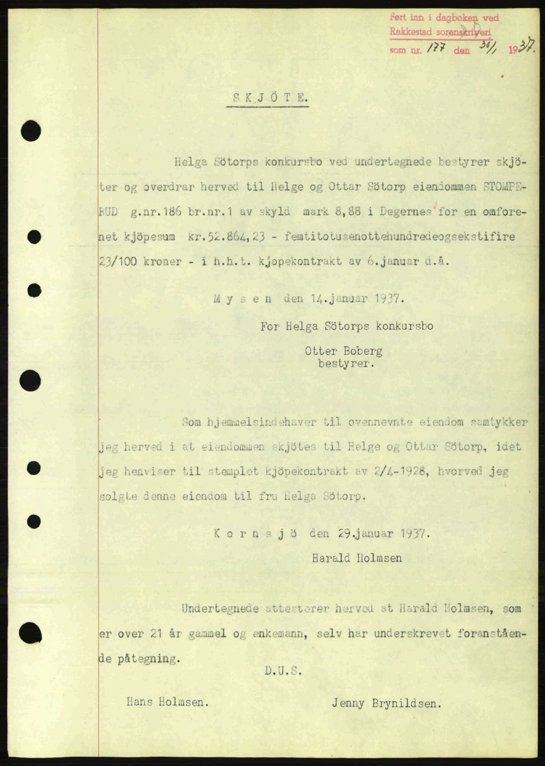 Rakkestad sorenskriveri, SAO/A-10686/G/Gb/Gba/Gbab/L0001: Pantebok nr. A1, 1936-1937, Dagboknr: 177/1937