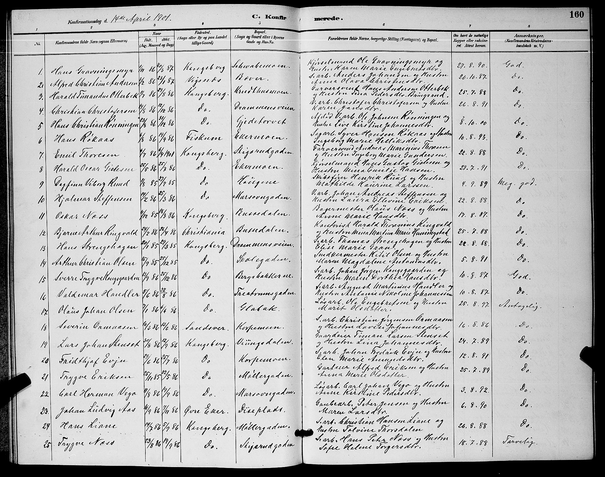 Kongsberg kirkebøker, AV/SAKO-A-22/G/Ga/L0006: Klokkerbok nr. 6, 1890-1901, s. 160