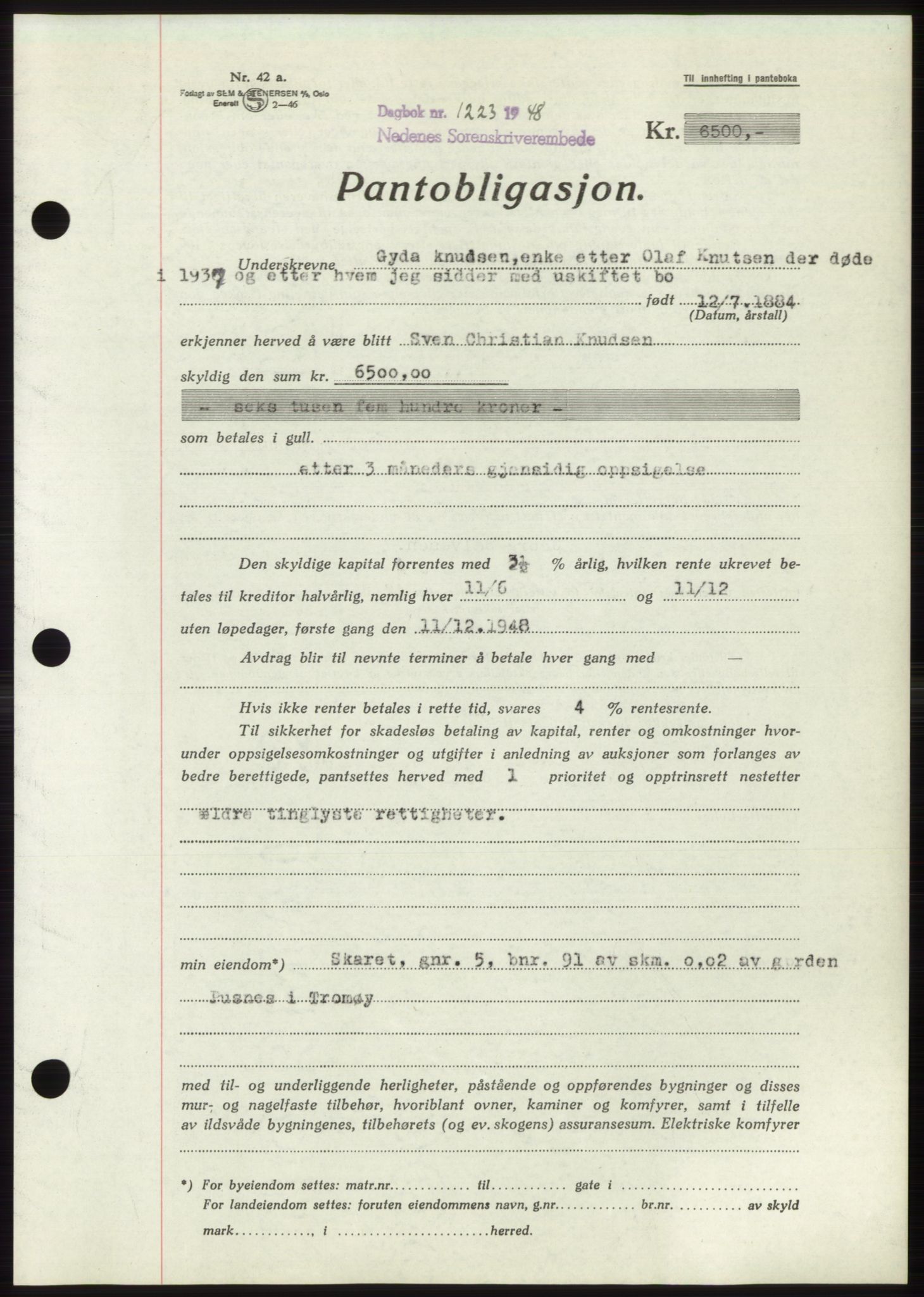 Nedenes sorenskriveri, AV/SAK-1221-0006/G/Gb/Gbb/L0005: Pantebok nr. B5, 1948-1948, Dagboknr: 1223/1948