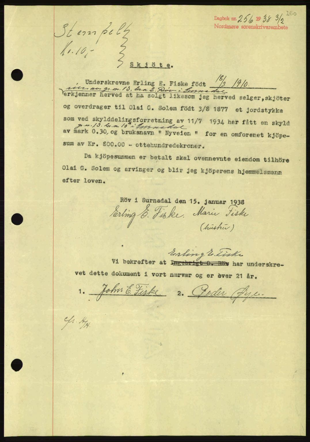 Nordmøre sorenskriveri, SAT/A-4132/1/2/2Ca: Pantebok nr. A83, 1938-1938, Dagboknr: 256/1938