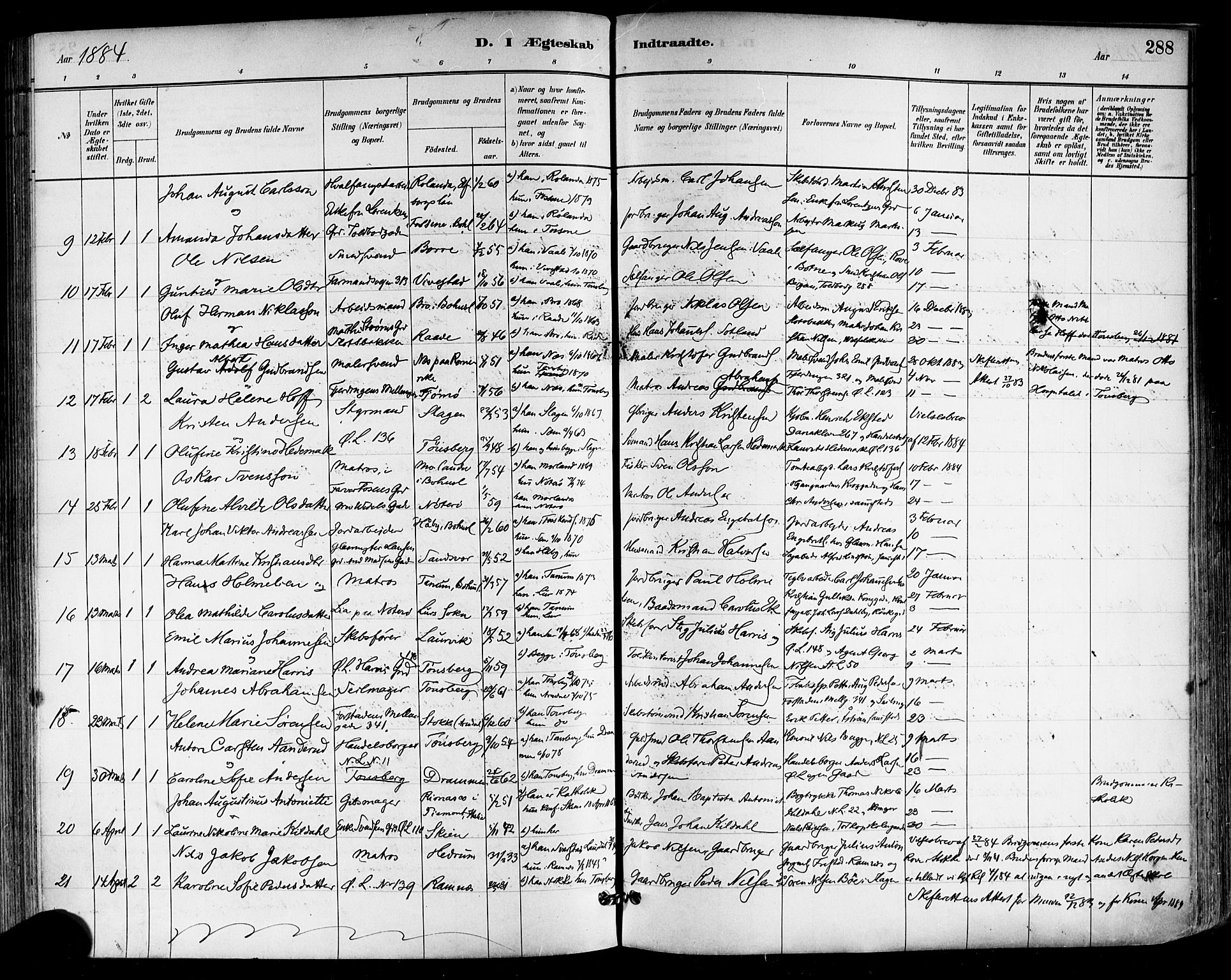 Tønsberg kirkebøker, AV/SAKO-A-330/F/Fa/L0011: Ministerialbok nr. I 11, 1881-1890, s. 288