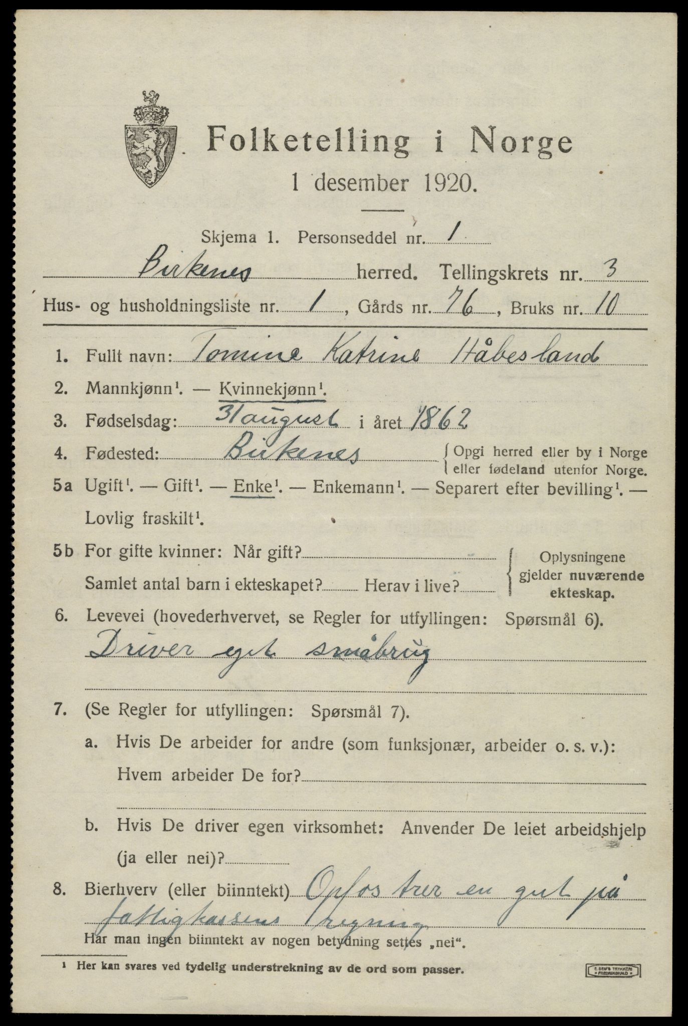 SAK, Folketelling 1920 for 0928 Birkenes herred, 1920, s. 1421