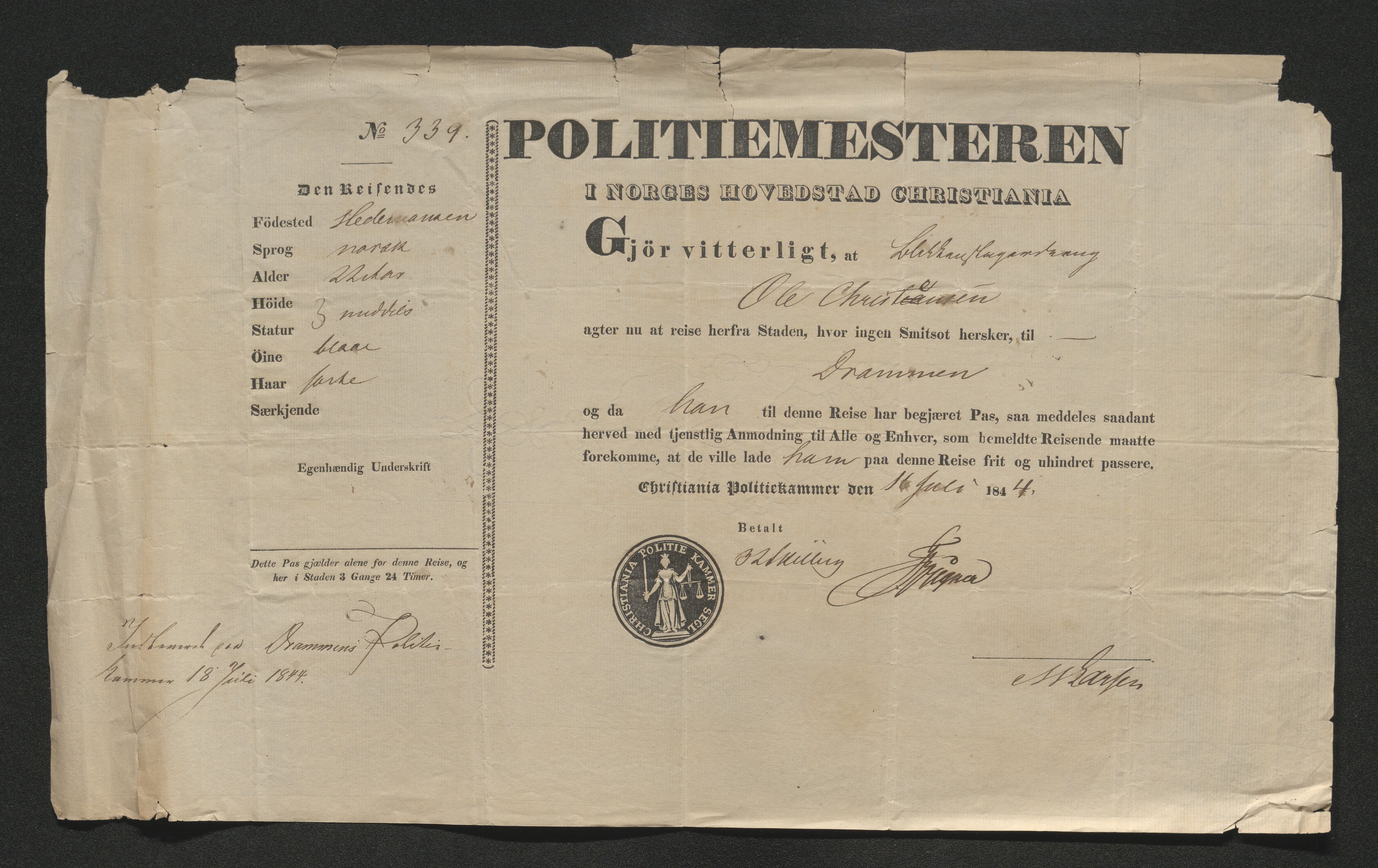 Drammen politikammer, SAKO/A-623/I/Ia/Iab/L0007: Innleverte pass, 1843-1844, s. 587