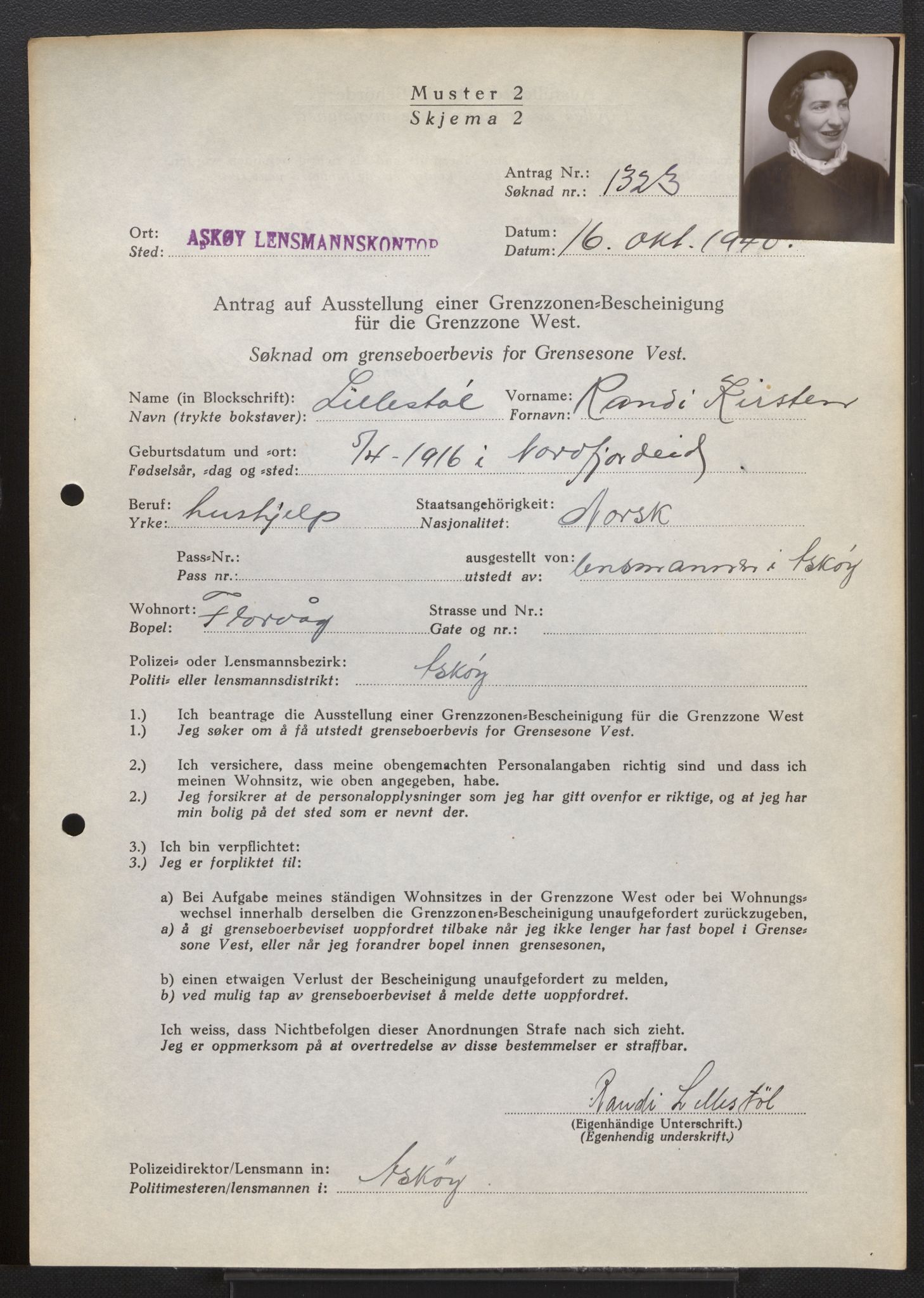 Lensmannen i Askøy, AV/SAB-A-31001/0026/L0006: Søknader om grensebuarbevis 1276 - 1700, 1940, s. 95