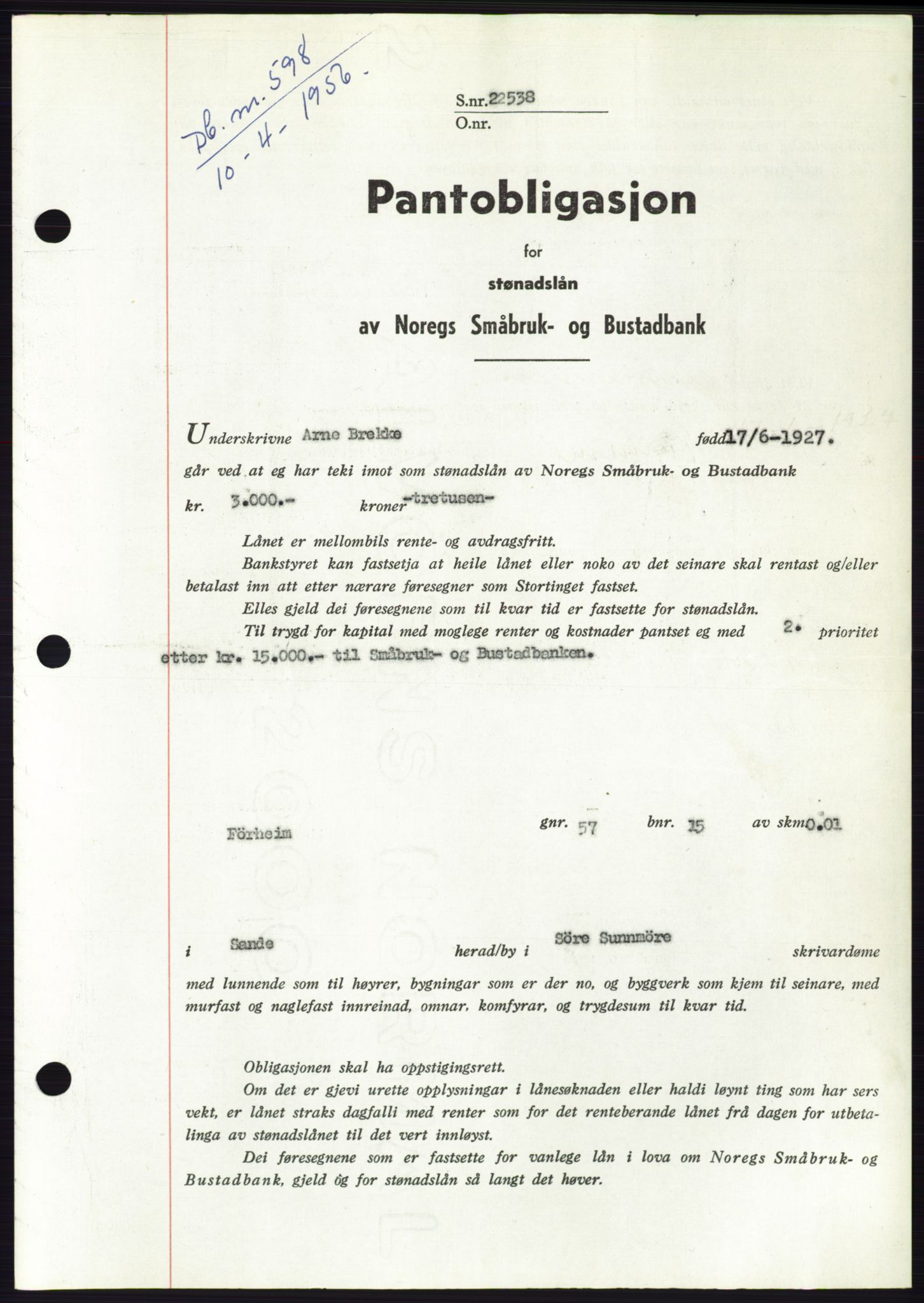Søre Sunnmøre sorenskriveri, SAT/A-4122/1/2/2C/L0128: Pantebok nr. 16B, 1956-1956, Dagboknr: 598/1956